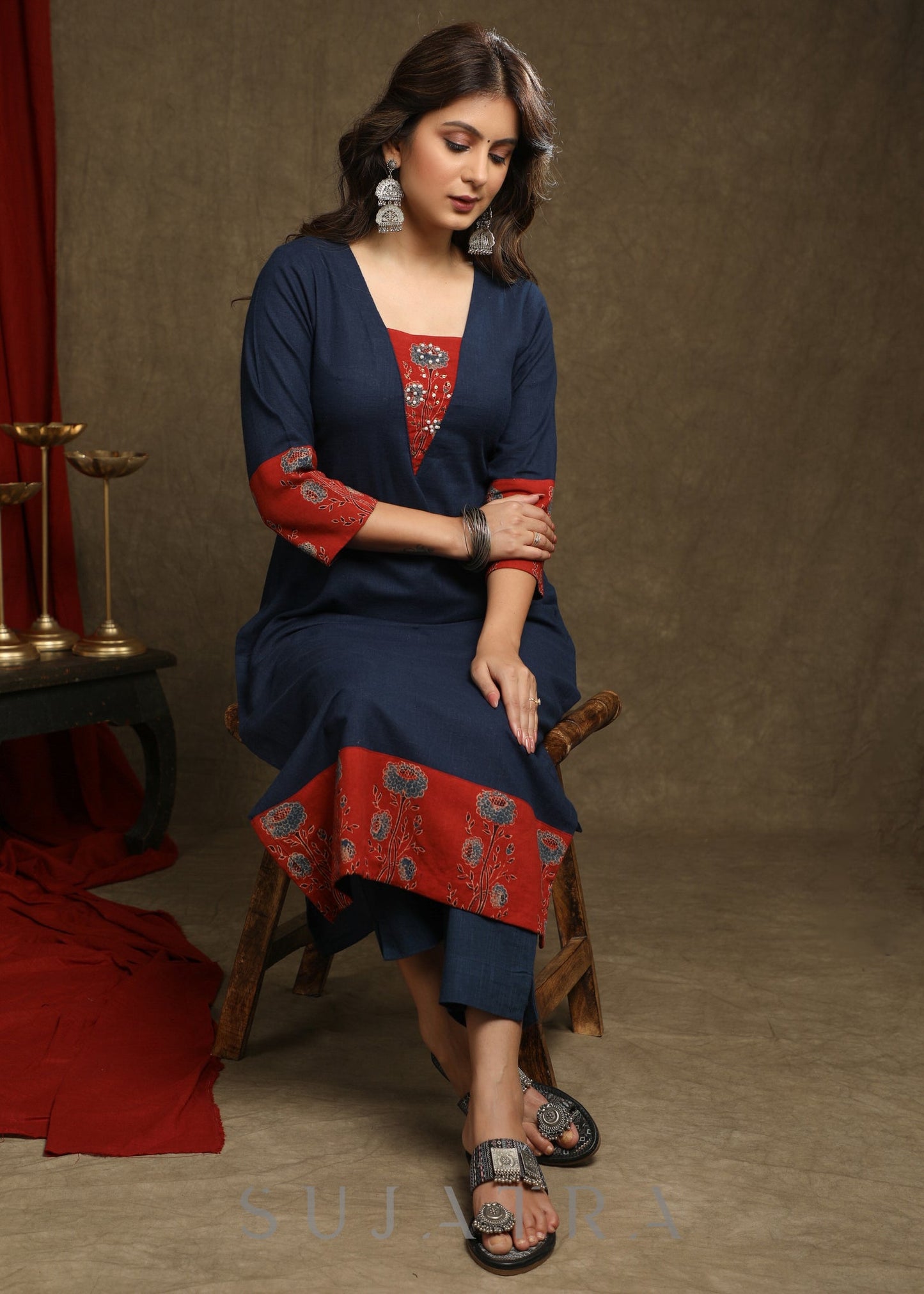 Smart Navy Blue Cotton Ajrakh Combination Kurta With Pearl Embellishments - Pant Optional
