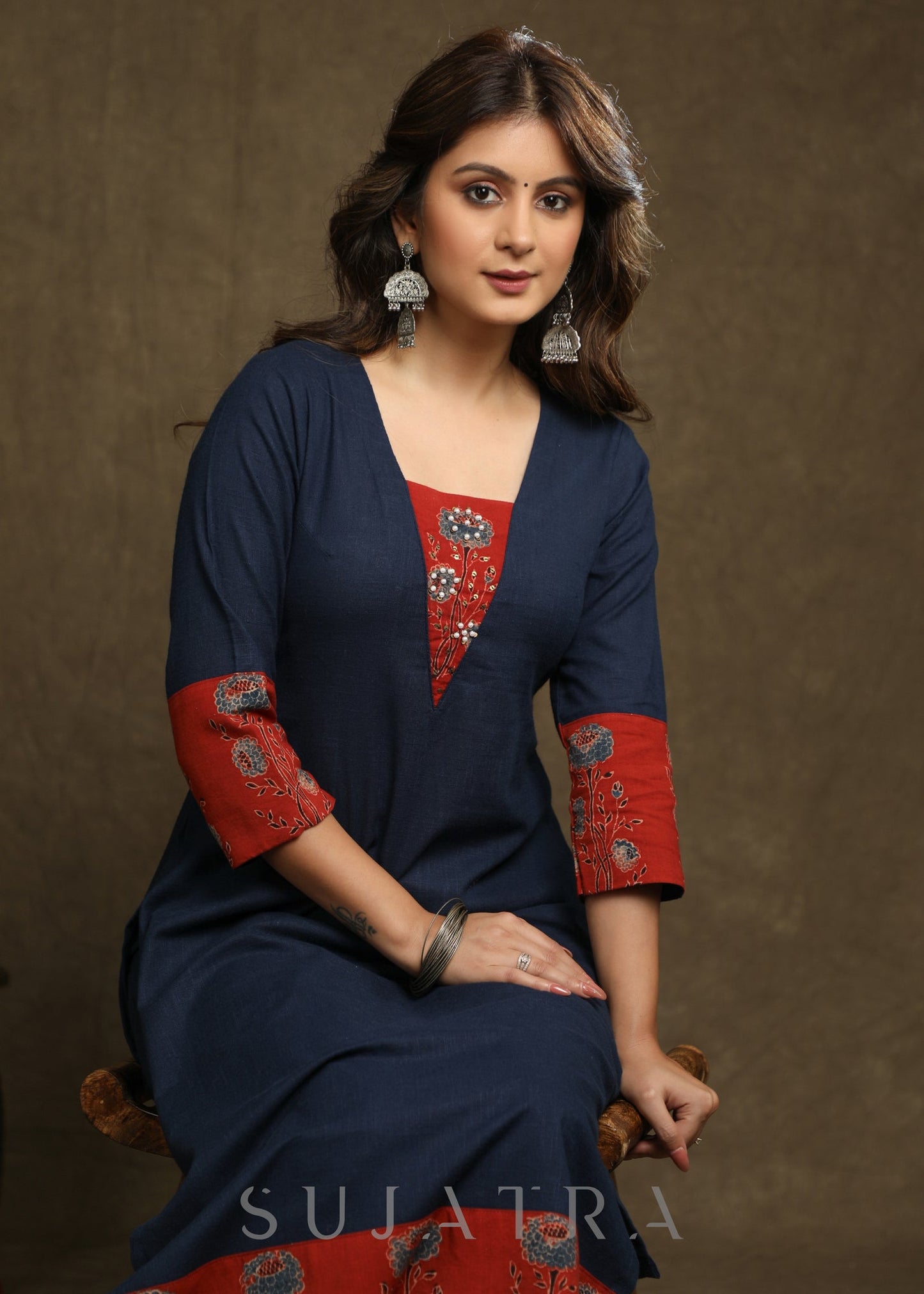 Smart Navy Blue Cotton Ajrakh Combination Kurta With Pearl Embellishments - Pant Optional