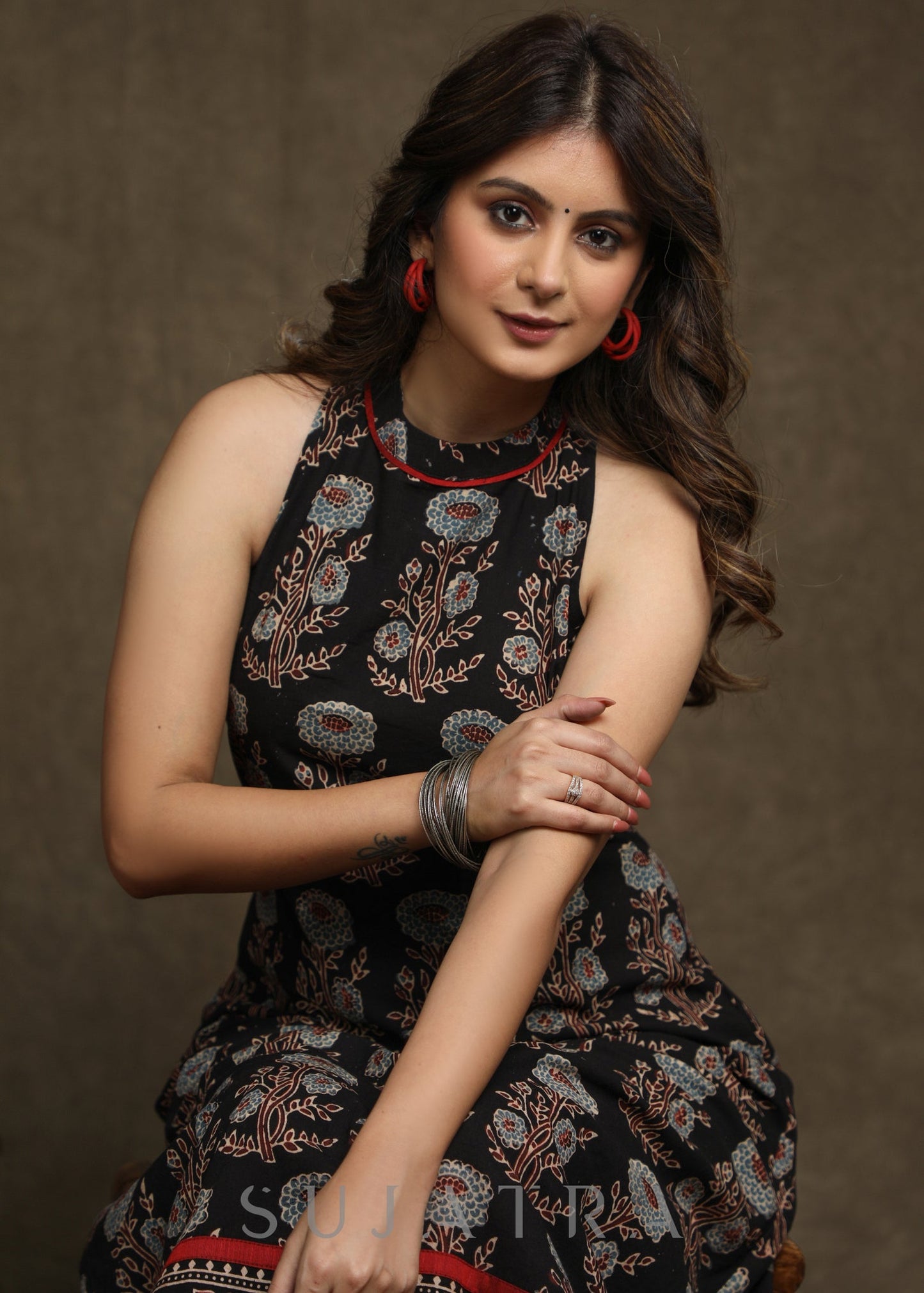 Stylish Black Cotton Floral Ajrakh Halter Neck A-Line Kurta - Flared Palazzo Optional