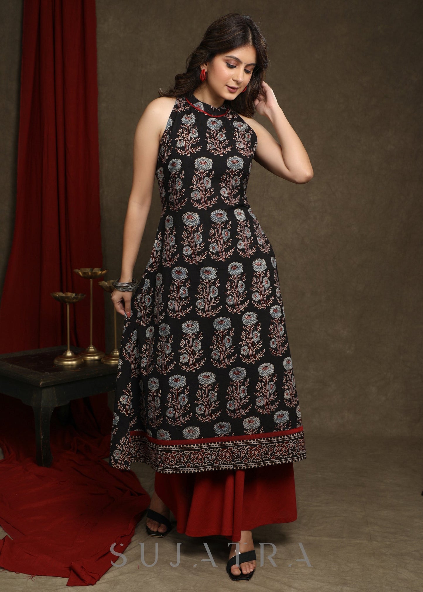 Stylish Black Cotton Floral Ajrakh Halter Neck A-Line Kurta - Flared Palazzo Optional
