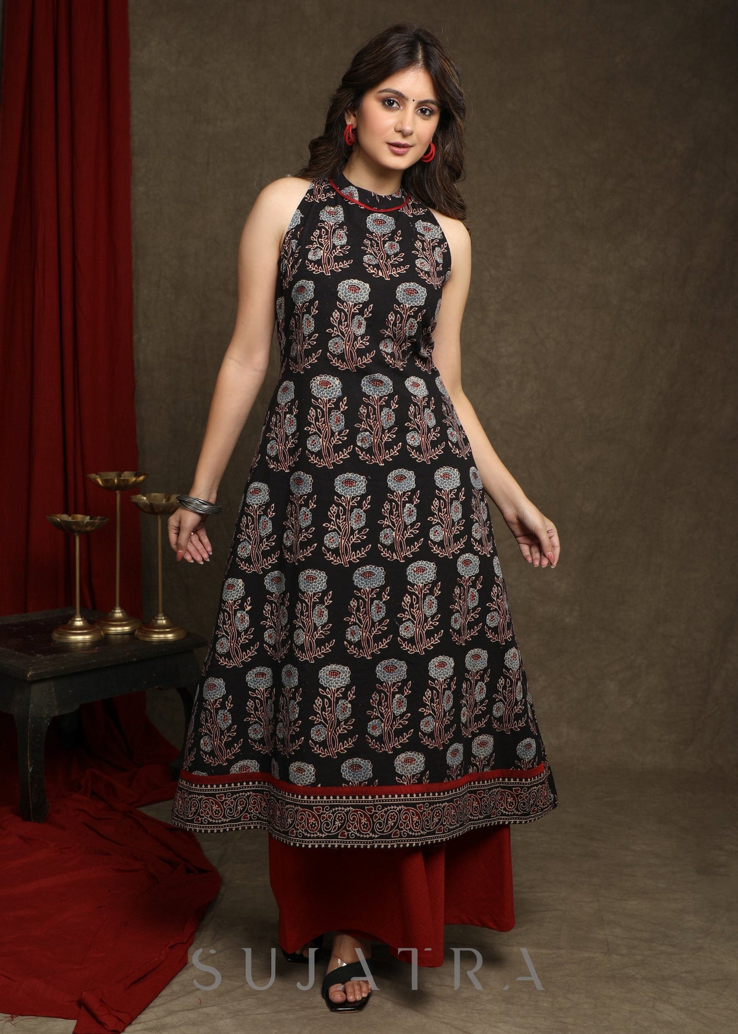 Stylish Black Cotton Floral Ajrakh Halter Neck A-Line Kurta - Flared Palazzo Optional