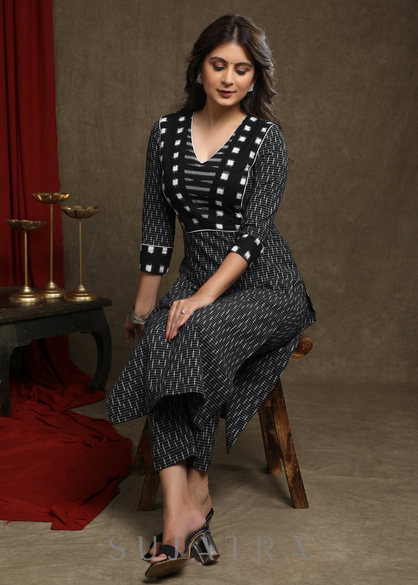 Smart Black Ikat Combination Kurta - Pant Optional