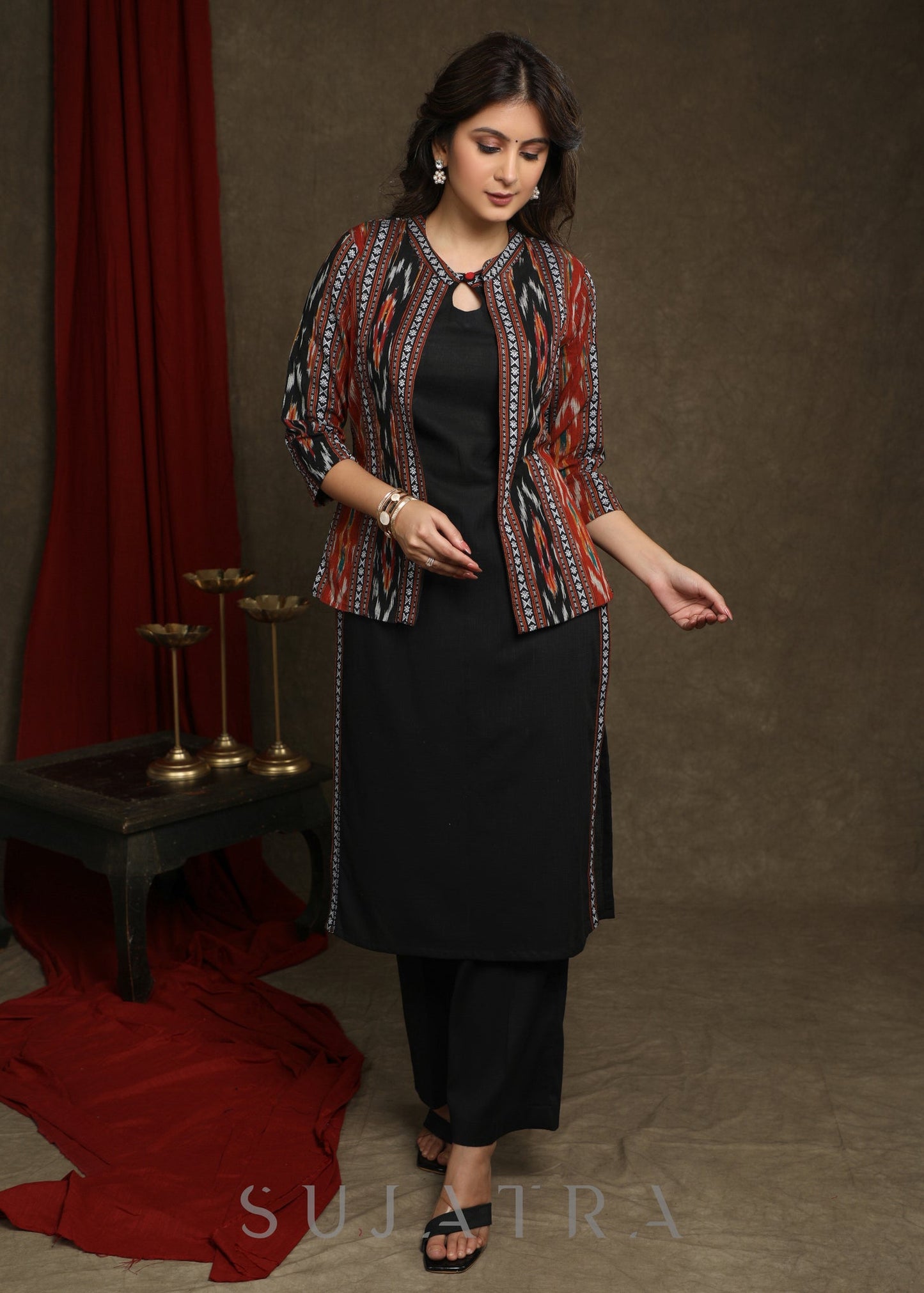 Black Ikat Combination Kurta With Ikat Jacket - Pant Optional