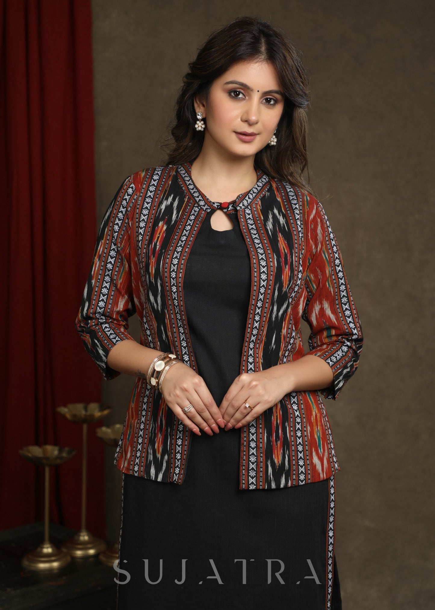 Black Ikat Combination Kurta With Ikat Jacket - Pant Optional