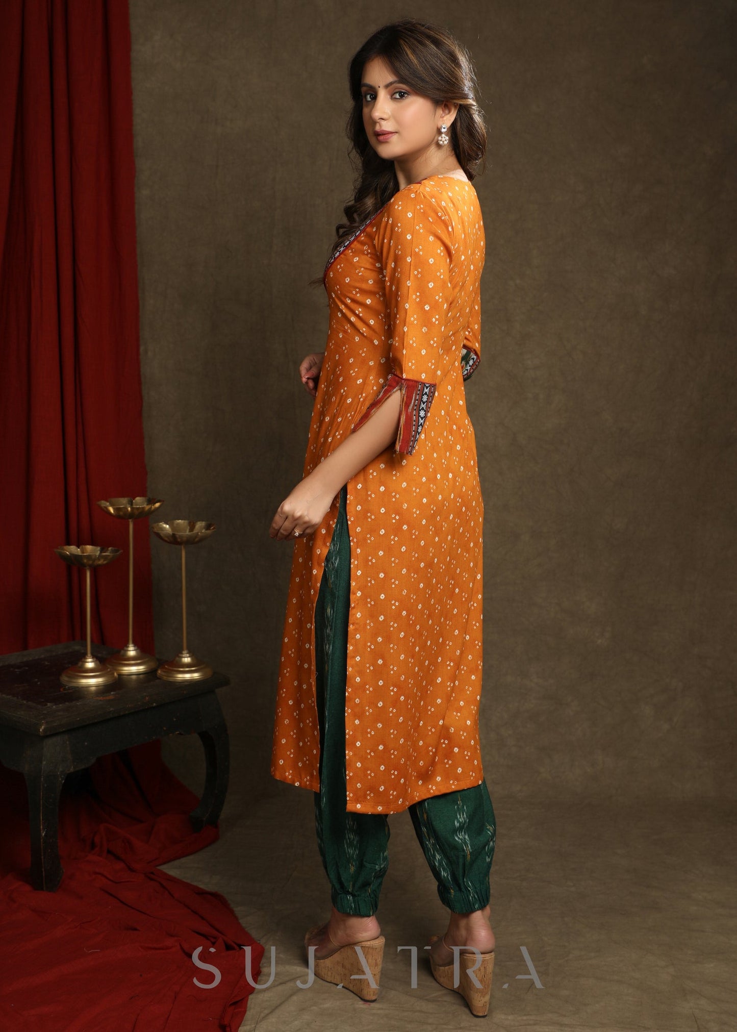 Beautiful Mustard Bandhani With Ikat Combination Kurta - Pant optional