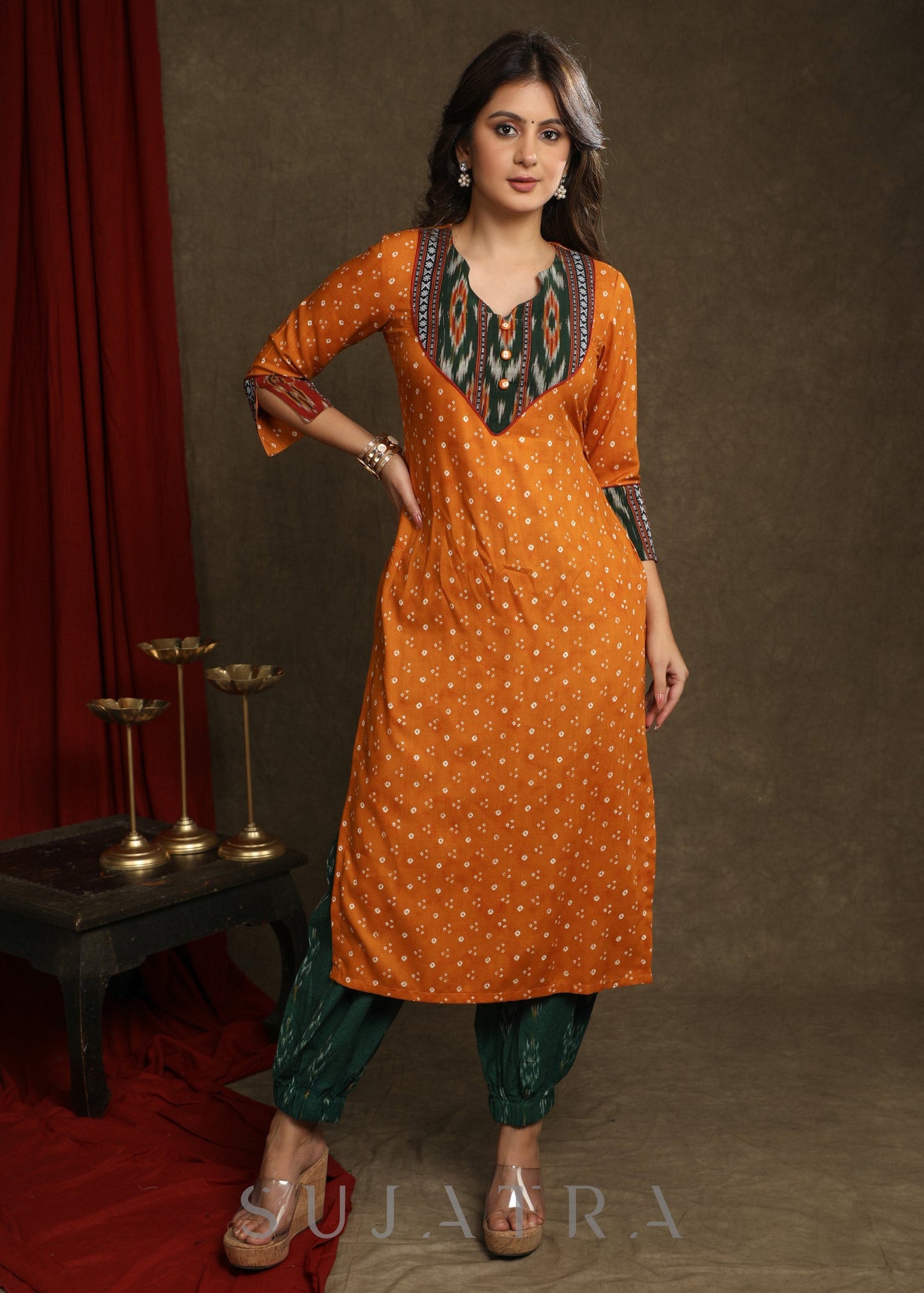Beautiful Mustard Bandhani With Ikat Combination Kurta - Pant optional
