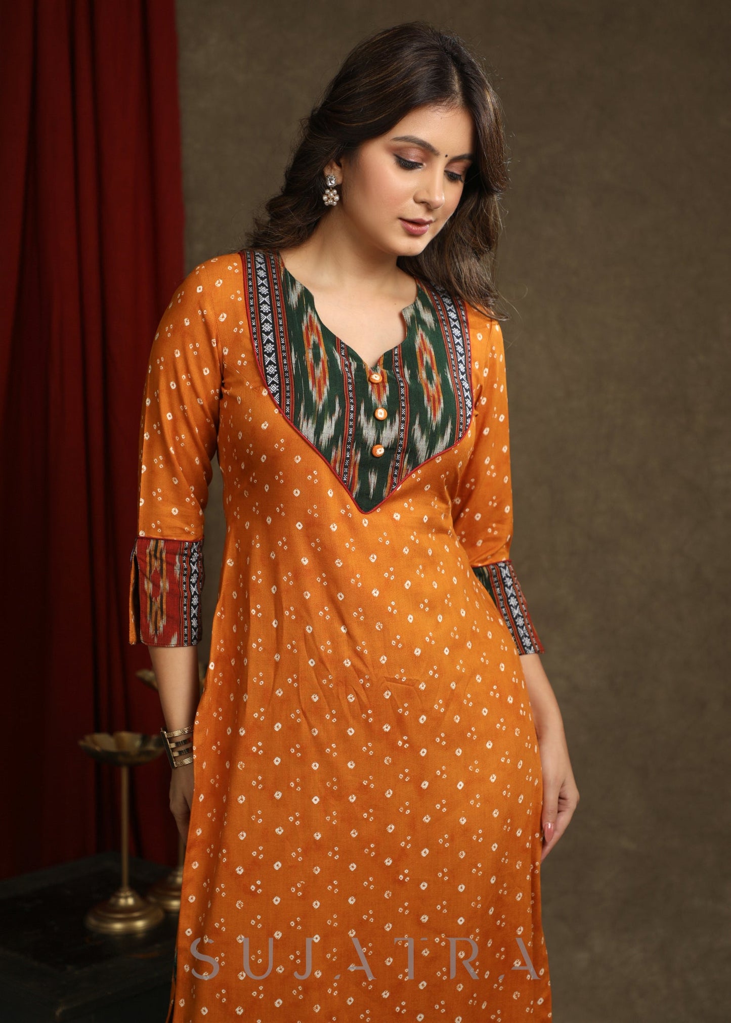 Beautiful Mustard Bandhani With Ikat Combination Kurta - Pant optional