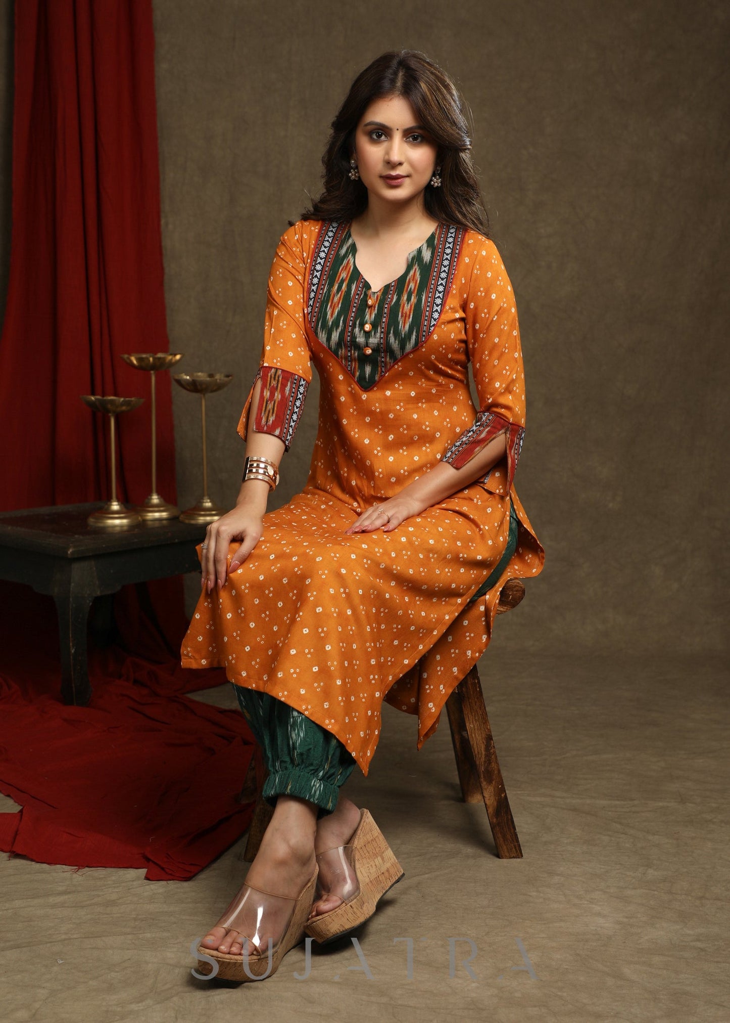 Beautiful Mustard Bandhani With Ikat Combination Kurta - Pant optional