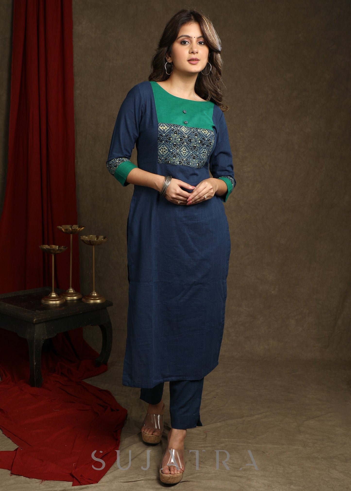 Exquisite Navy Blue Cotton Ajrakh combination Straight Cut Kurta Paired With Ajrakh Stole - Pant Optional