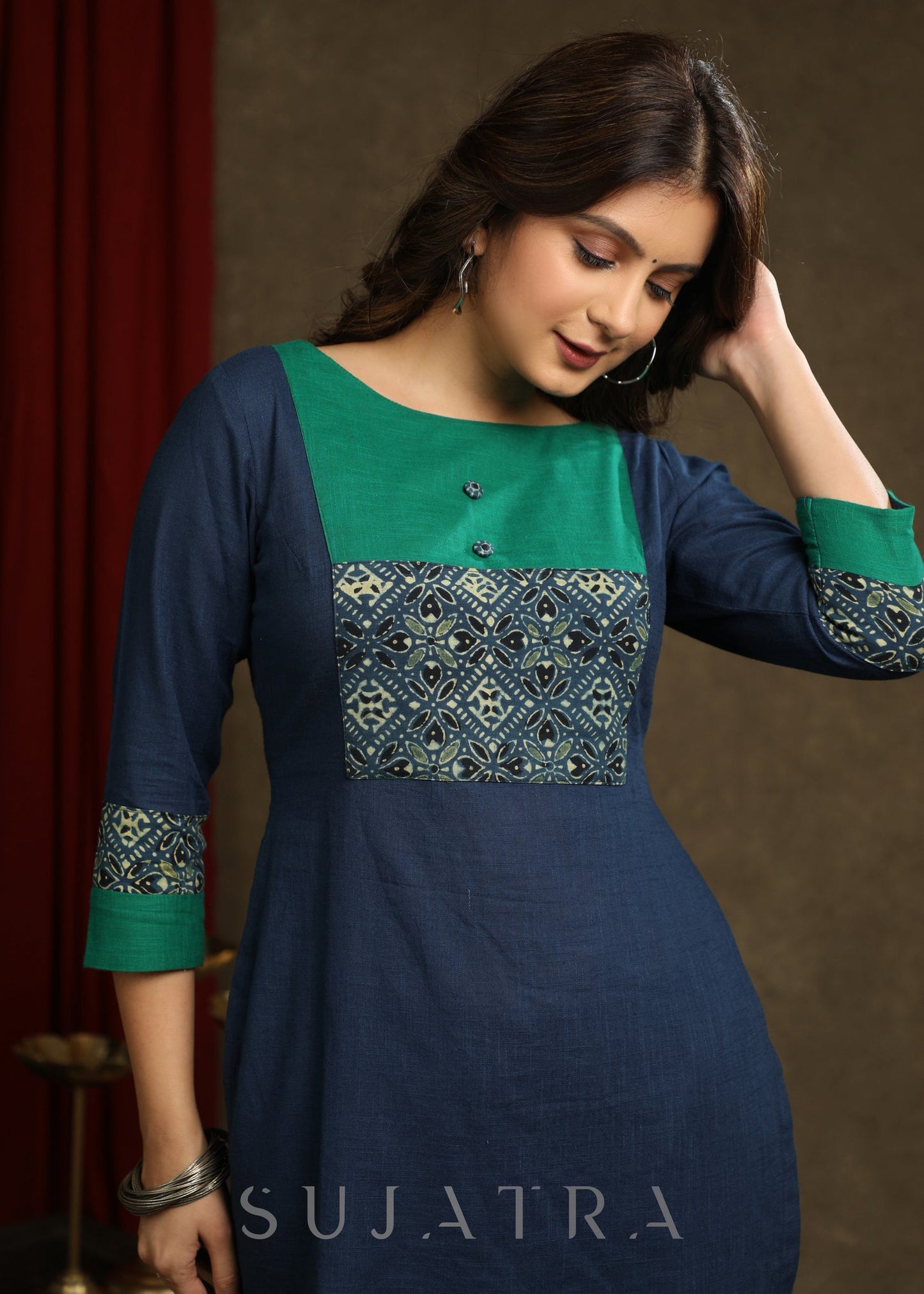 Exquisite Navy Blue Cotton Ajrakh combination Straight Cut Kurta Paired With Ajrakh Stole - Pant Optional