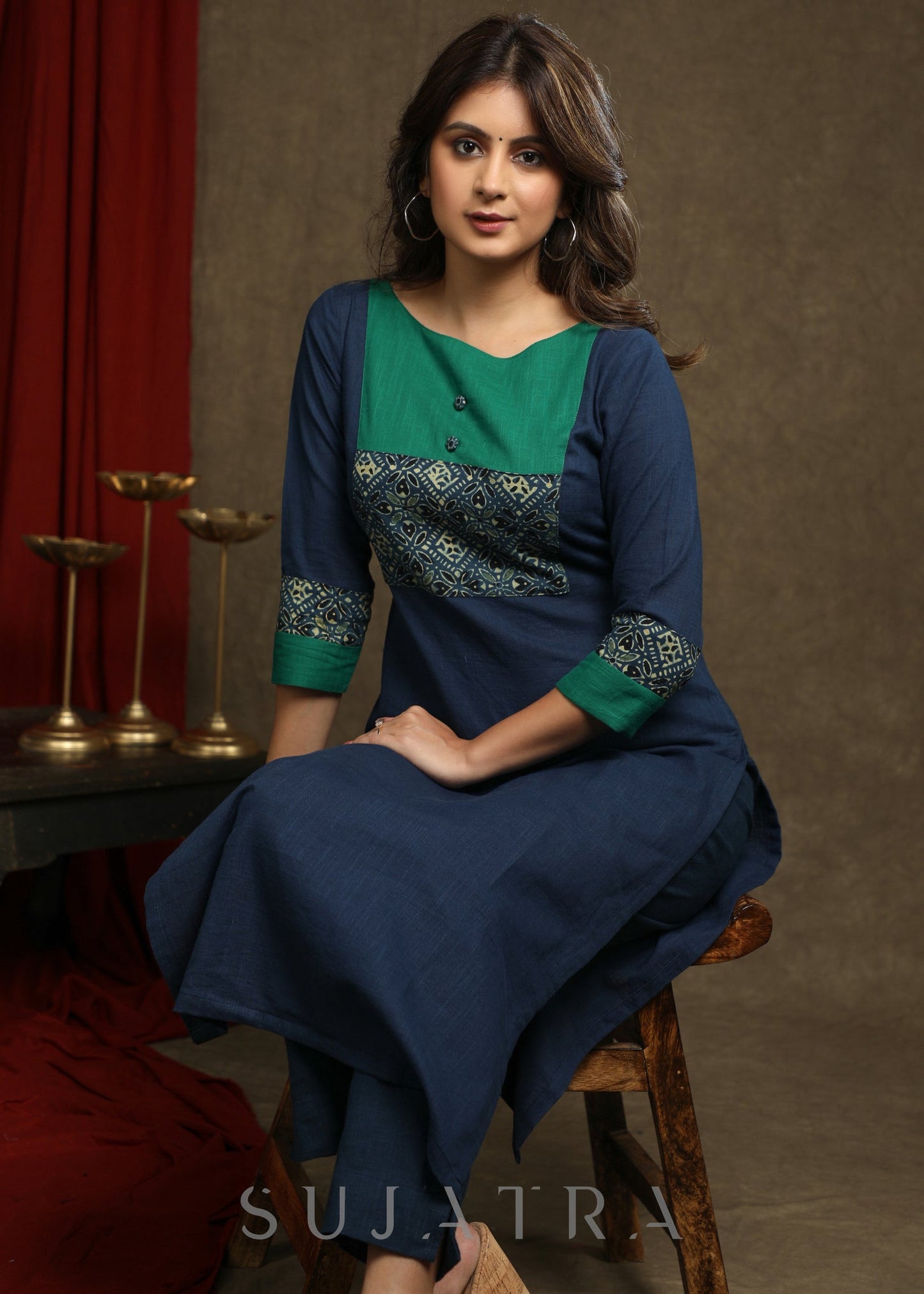 Exquisite Navy Blue Cotton Ajrakh combination Straight Cut Kurta Paired With Ajrakh Stole - Pant Optional