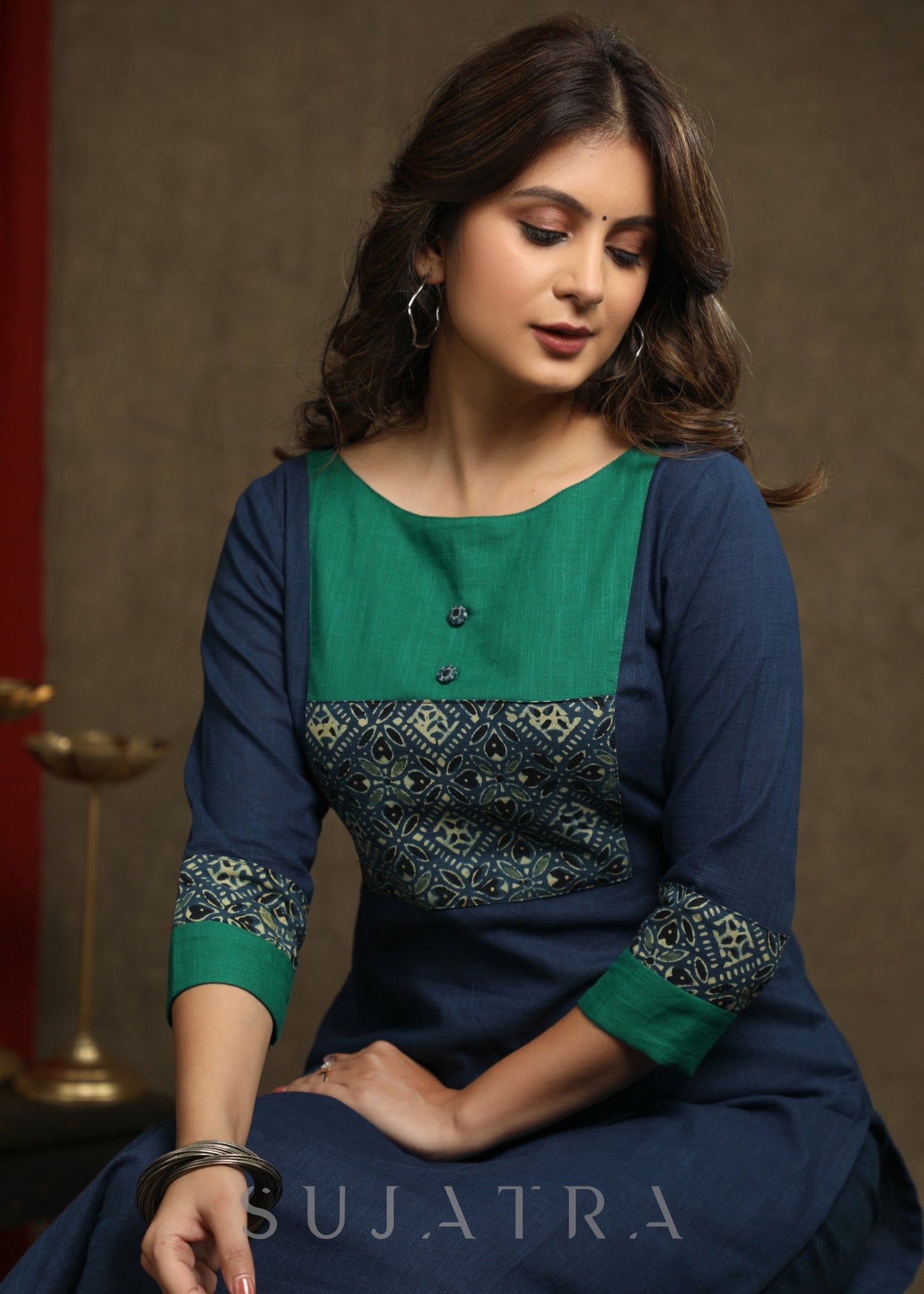 Exquisite Navy Blue Cotton Ajrakh combination Straight Cut Kurta Paired With Ajrakh Stole - Pant Optional
