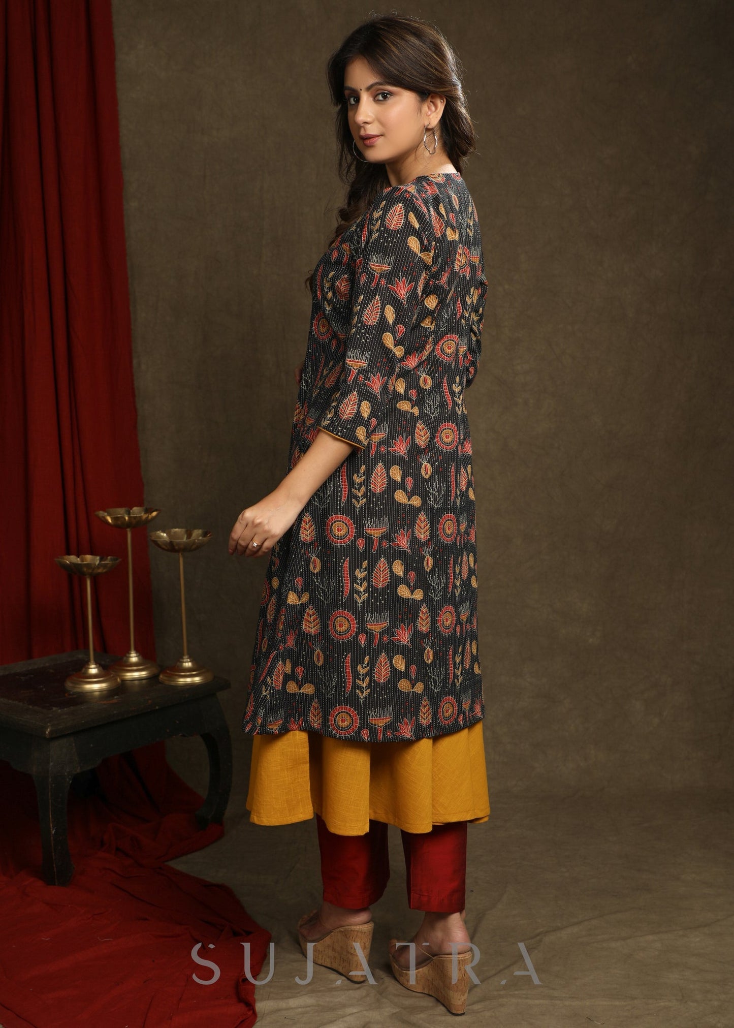 Beautiful Multicolour Kantha Shrug - Hand Painted Mustard Kurta Optional