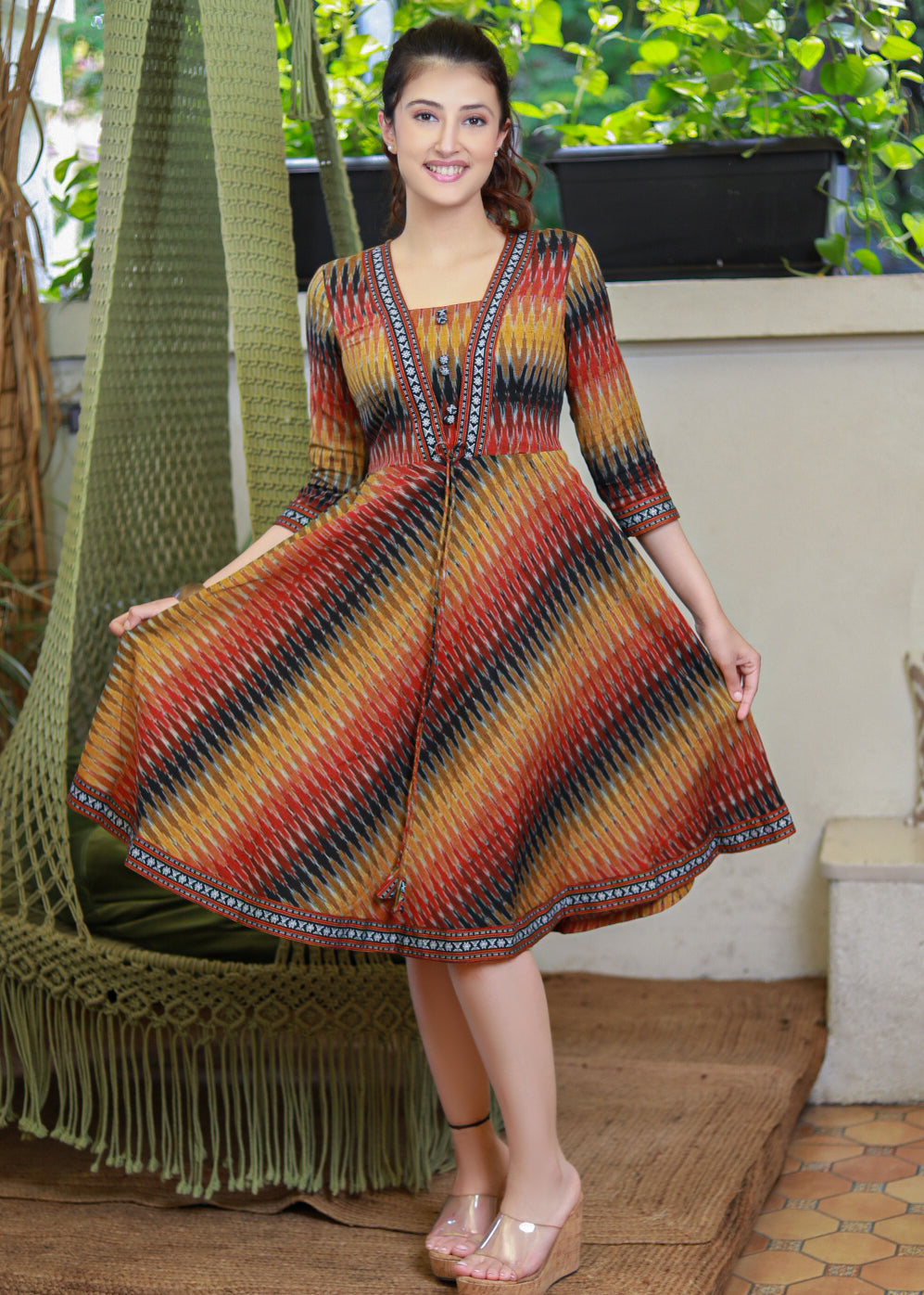 Black ikat silk pleated dress main image 1