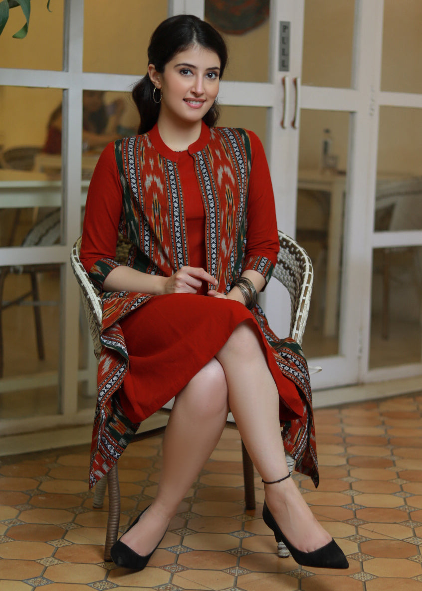 Classy Maroon Cotton A-Line Dress with Multi-Colour Ikat Sleeveless Jacket