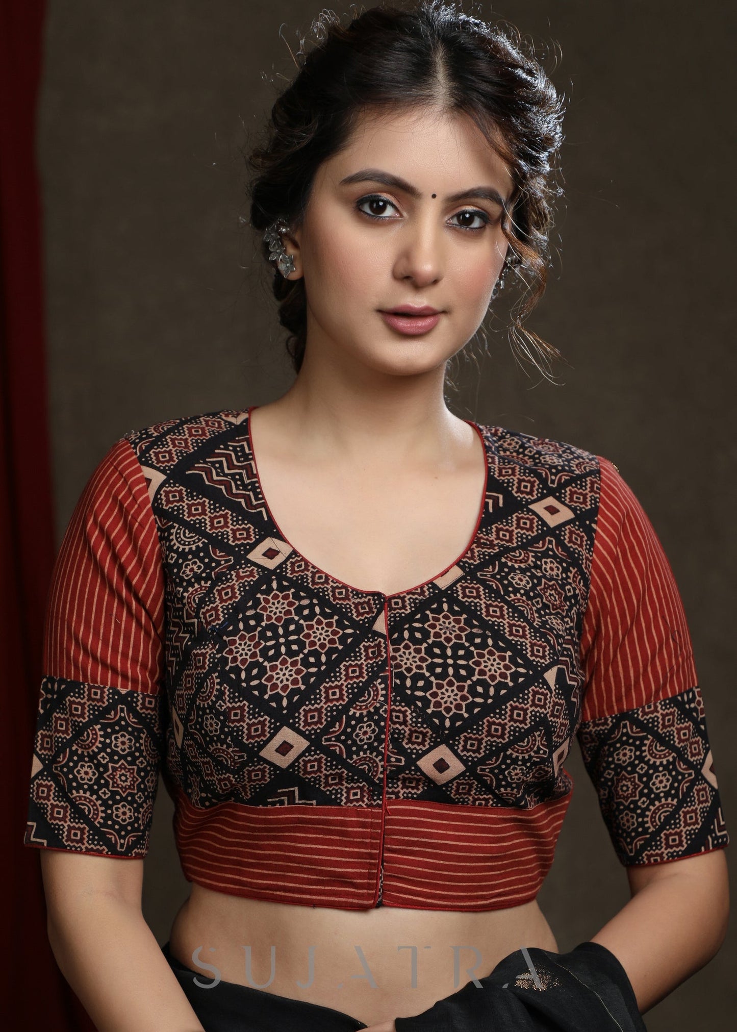 Classy Cotton Printed Maroon and Black Ajrak Combination Blouse