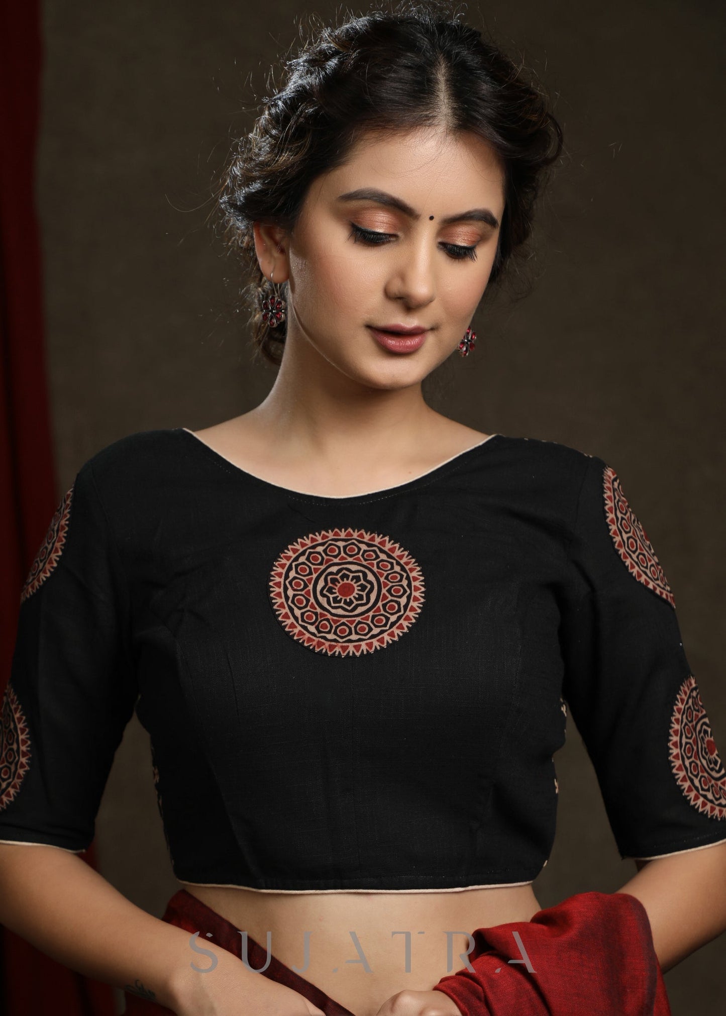 Black Ajrak Combination Patch Work Cotton Blouse - Plain Saree Optional