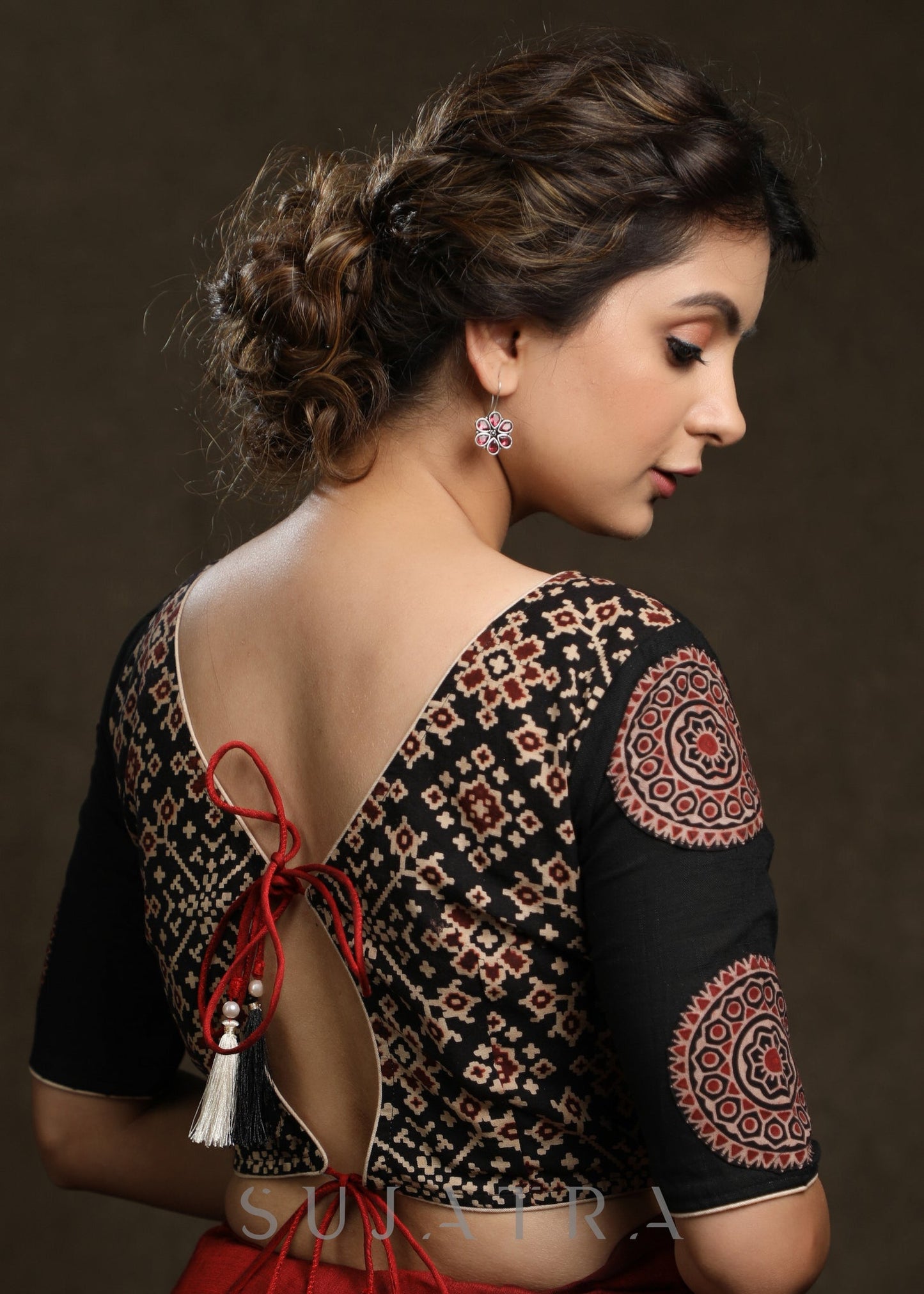Black Ajrak Combination Patch Work Cotton Blouse