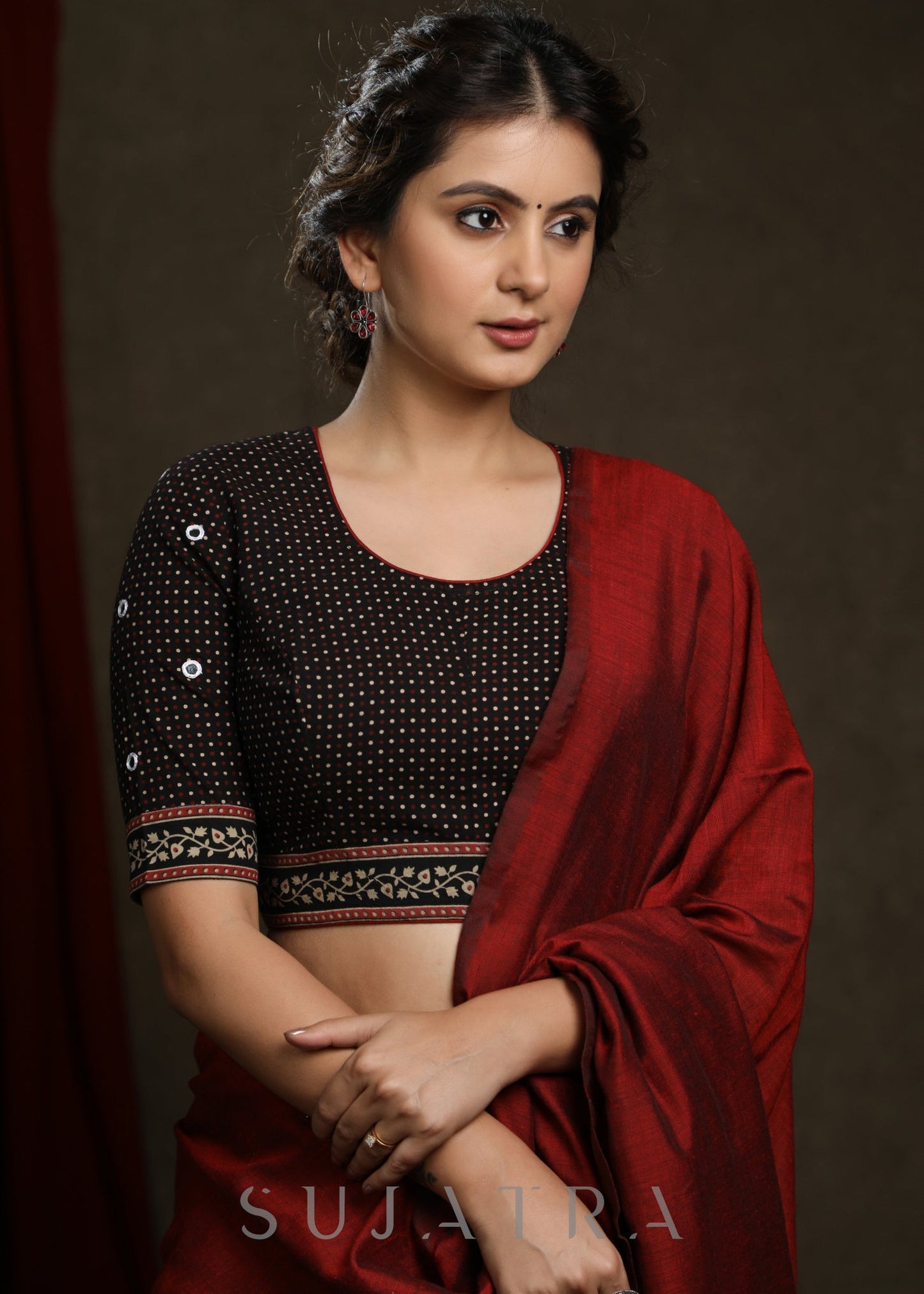 Hand Mirror Embroidered Black Ajrak Combination Blouse  - Plain Saree Optional