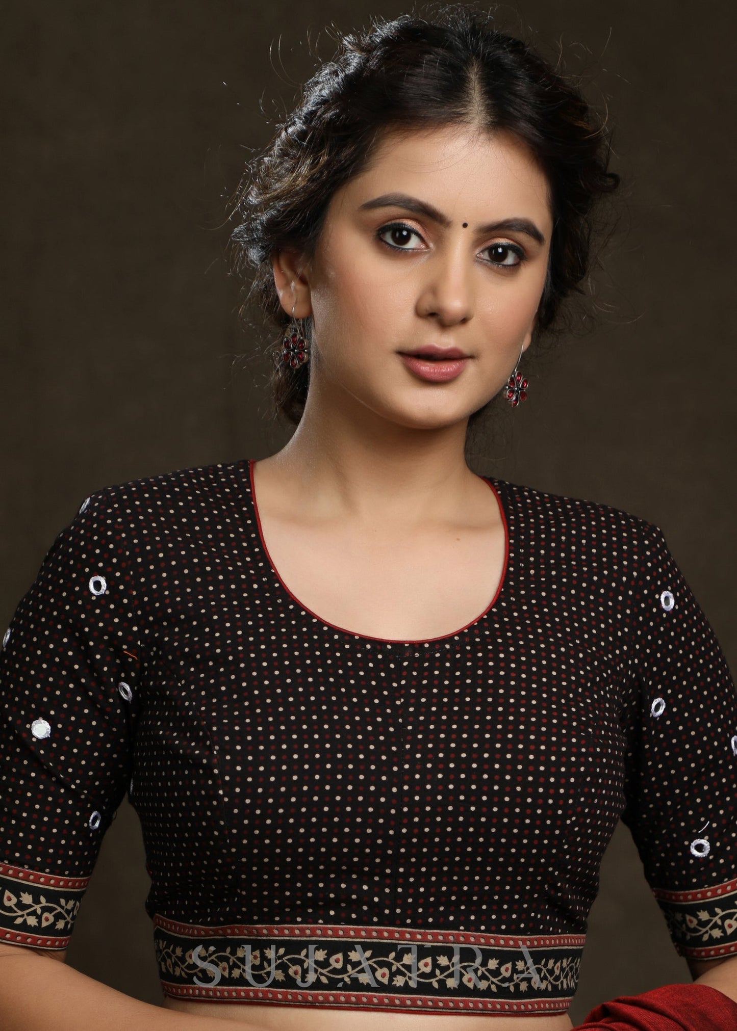 Hand Mirror Embroidered Black Ajrak Combination Blouse  - Plain Saree Optional