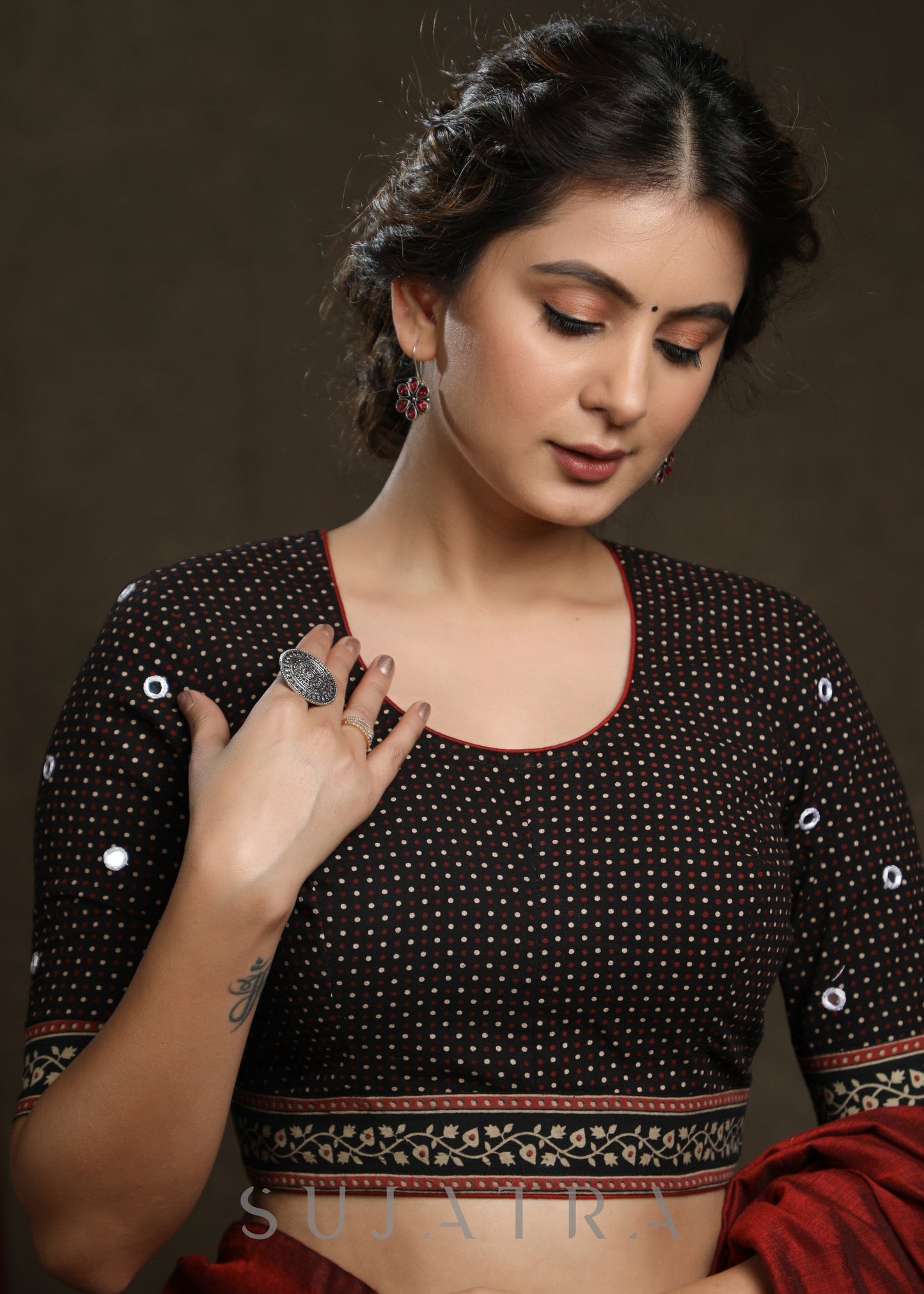 Hand Mirror Embroidered Black Ajrak Combination Blouse  - Plain Saree Optional