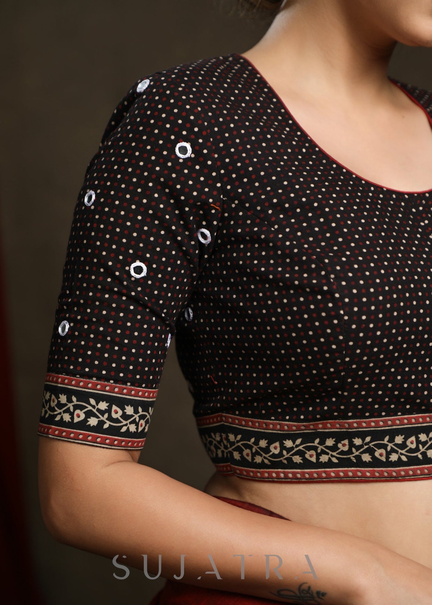 Hand Mirror Embroidered Black Ajrak Combination Blouse  - Plain Saree Optional
