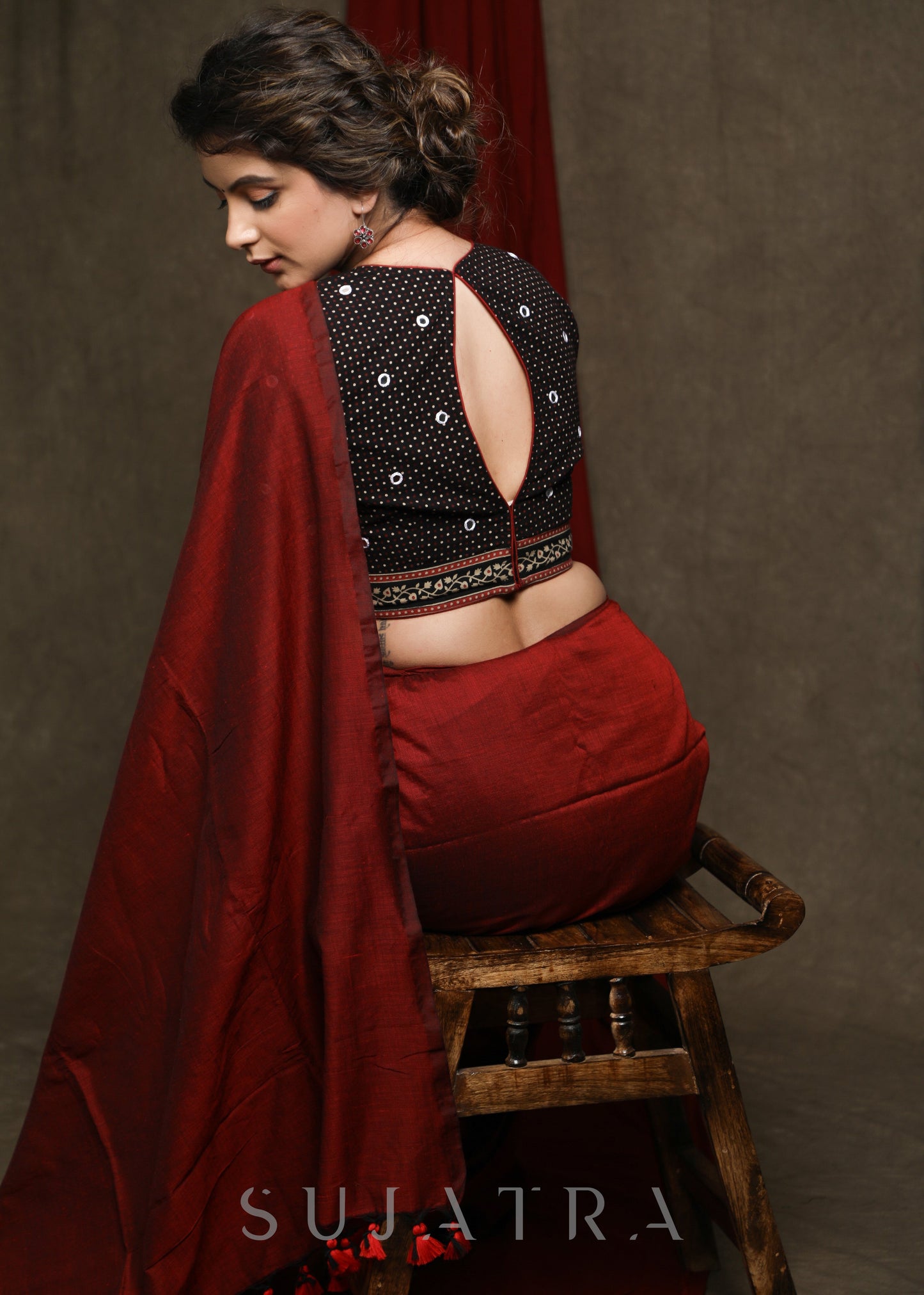 Hand Mirror Embroidered Black Ajrak Combination Blouse  - Plain Saree Optional