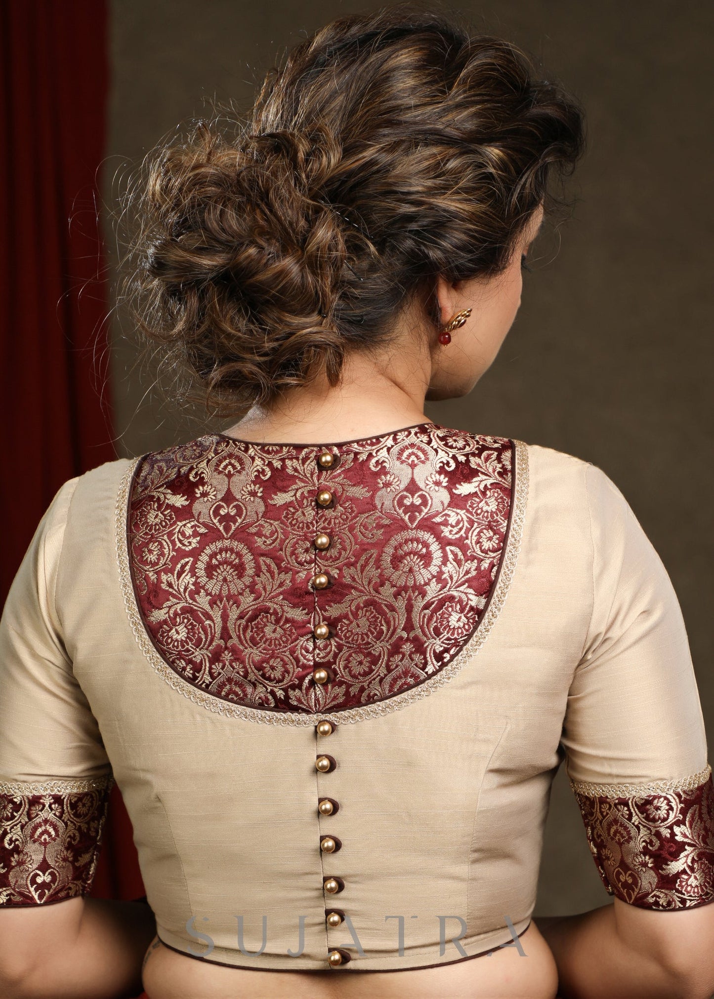 Beautiful Beige Cotton Silk Brocade Combination Blouse - Optional Plain Saree