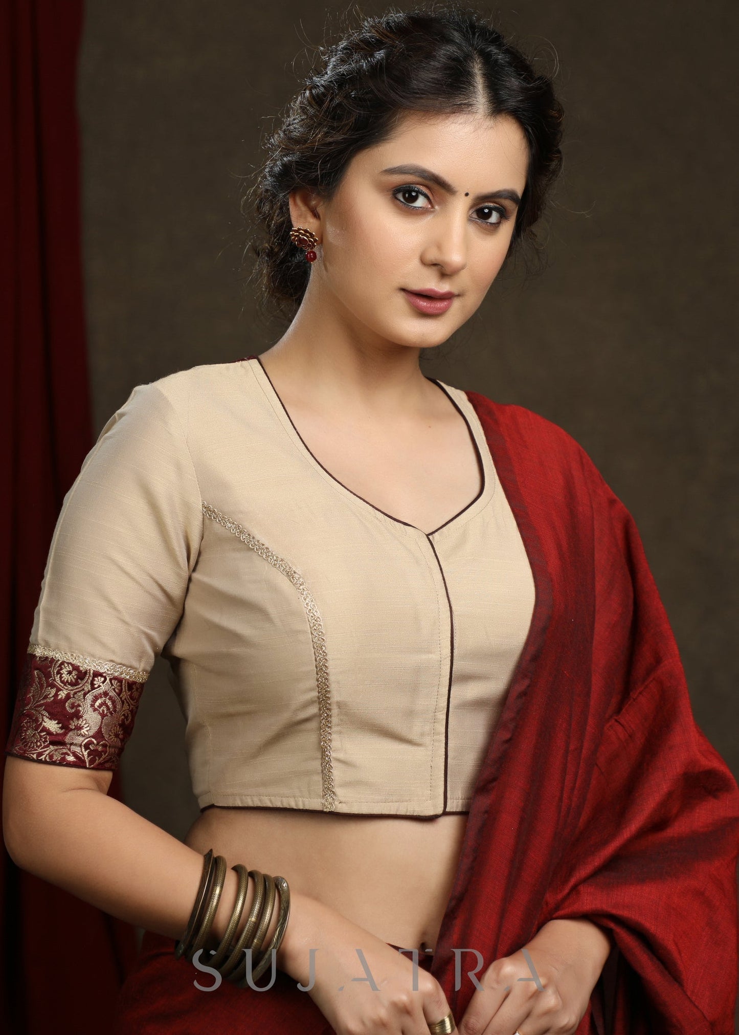 Beautiful Beige Cotton Silk Brocade Combination Blouse - Optional Plain Saree