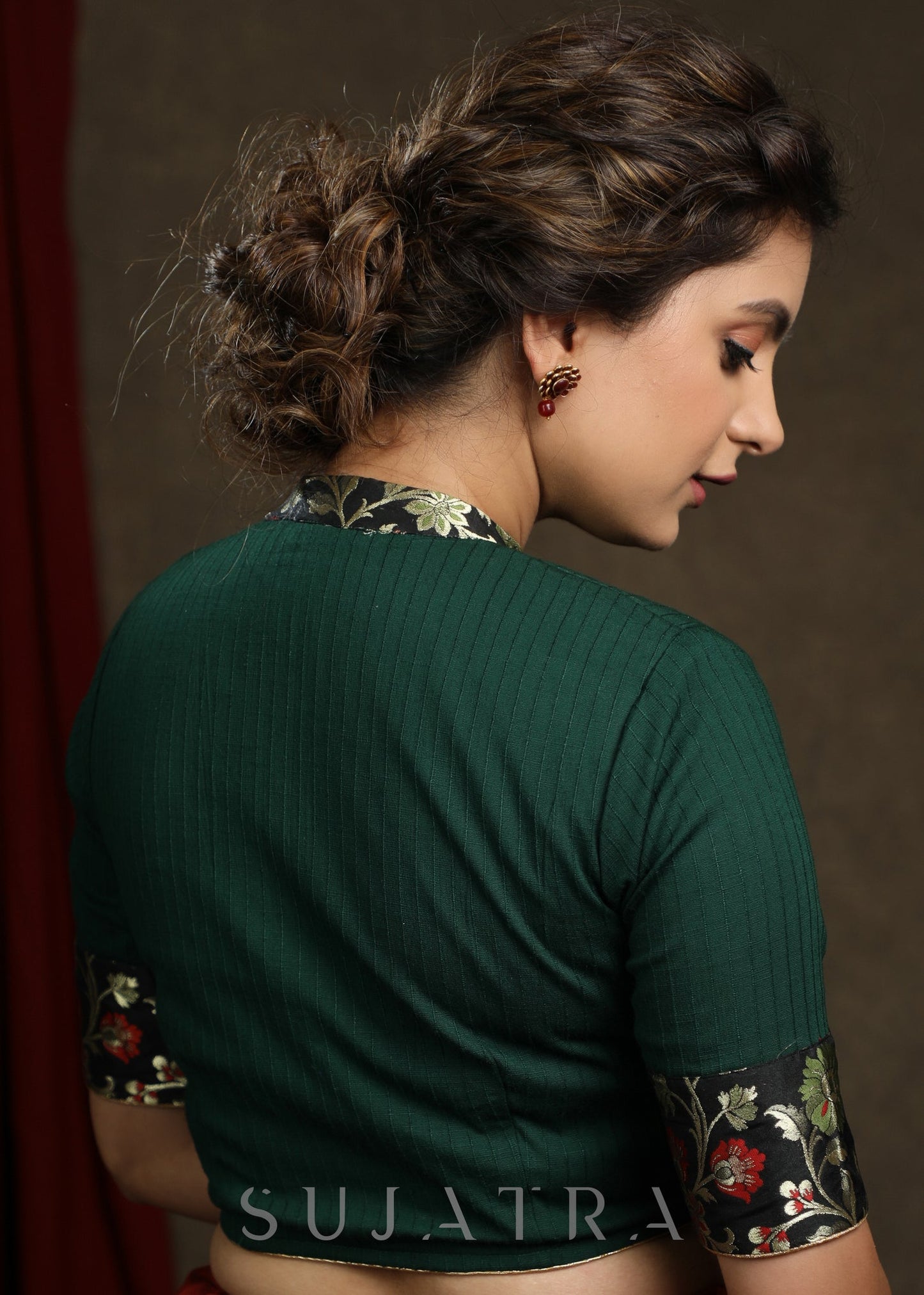 Dark Green Cotton Blend Brocade Combination Blouse  - Plain Saree Optional