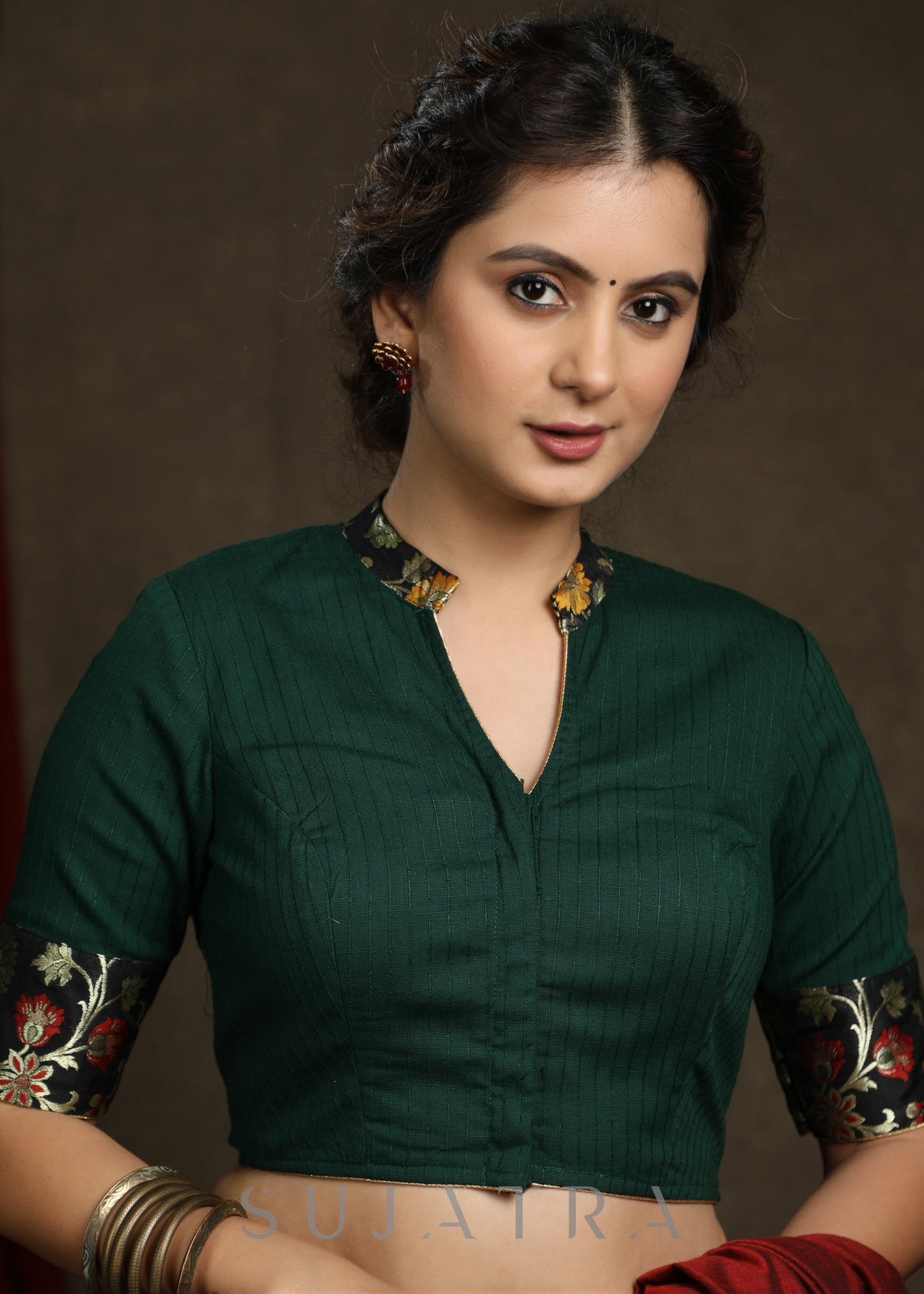 Dark Green Cotton Blend Brocade Combination Blouse  - Plain Saree Optional