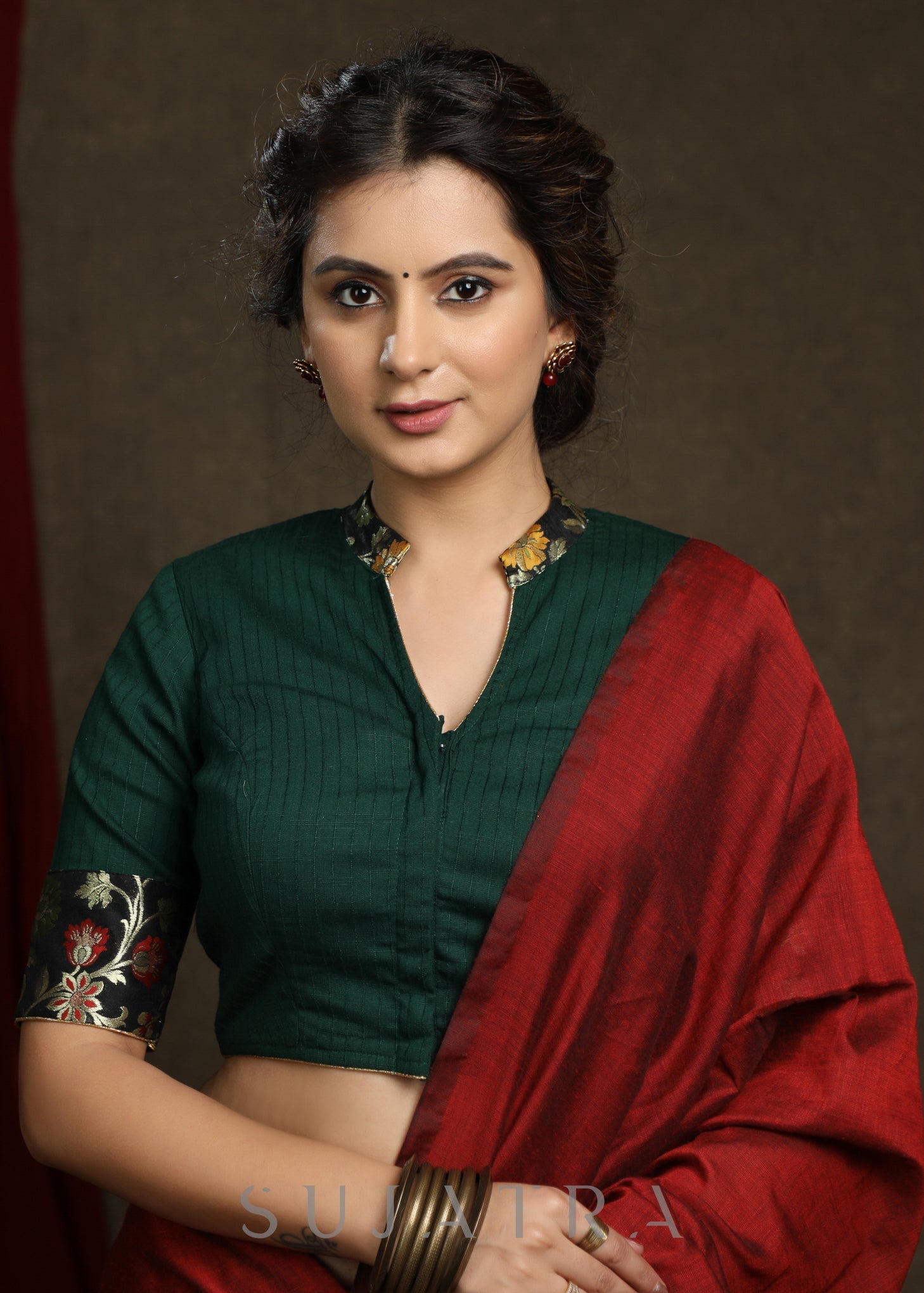 Dark Green Cotton Blend Brocade Combination Blouse Plain Saree