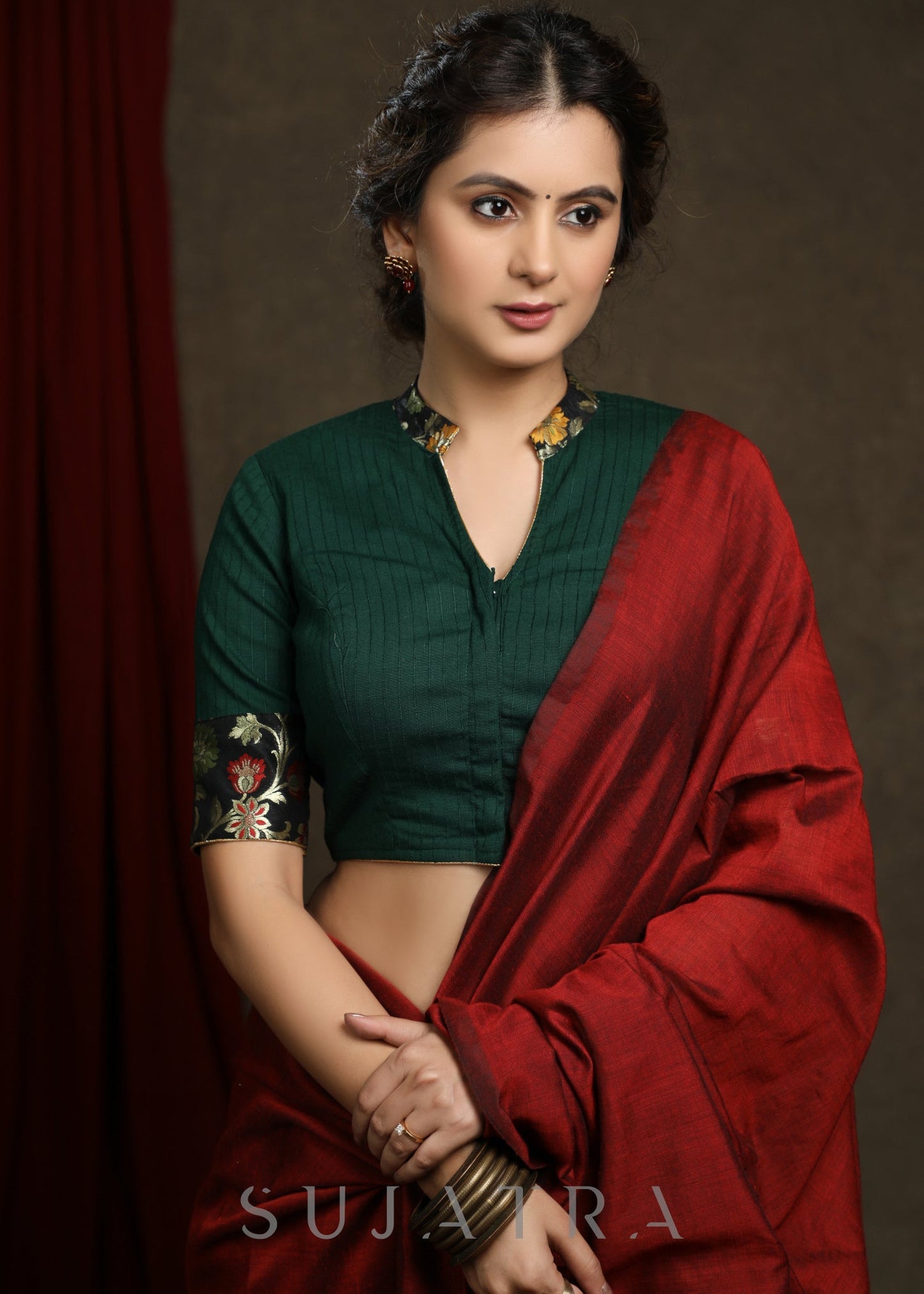 Dark Green Cotton Blend Brocade Combination Blouse  - Plain Saree Optional