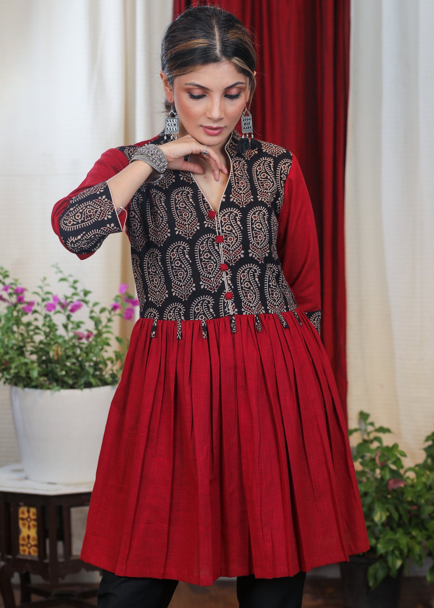 Striking Maroon Cotton Ajrakh Combination Tunic With Buttons and Tassles