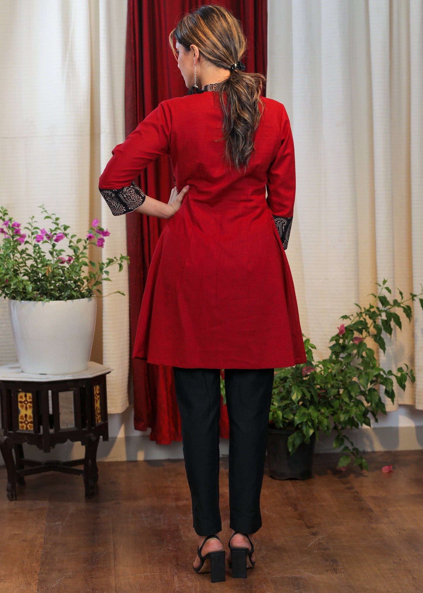 Striking Maroon Cotton Ajrakh Combination Tunic With Buttons and Tassles