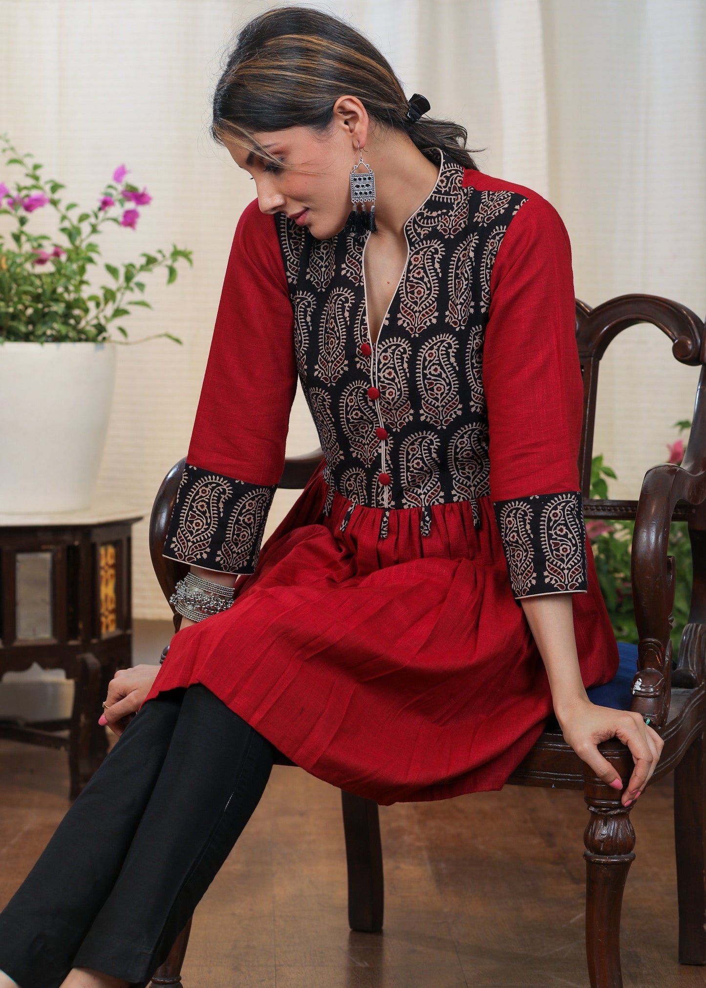 Striking Maroon Cotton Ajrakh Combination Tunic With Buttons and Tassles