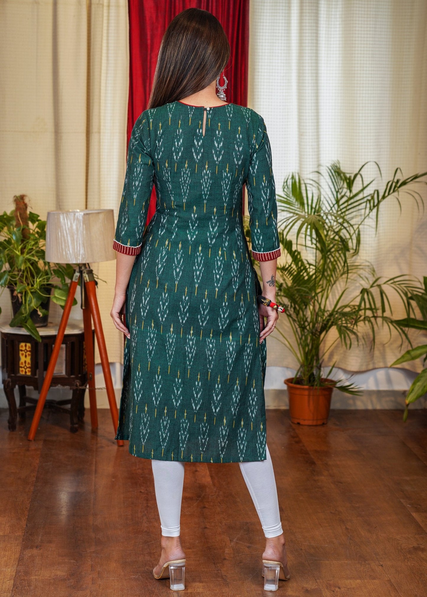 Graceful Green Ikat Cotton Straight Cut Kurta with Hand made Kutch mirror work and Bead Work