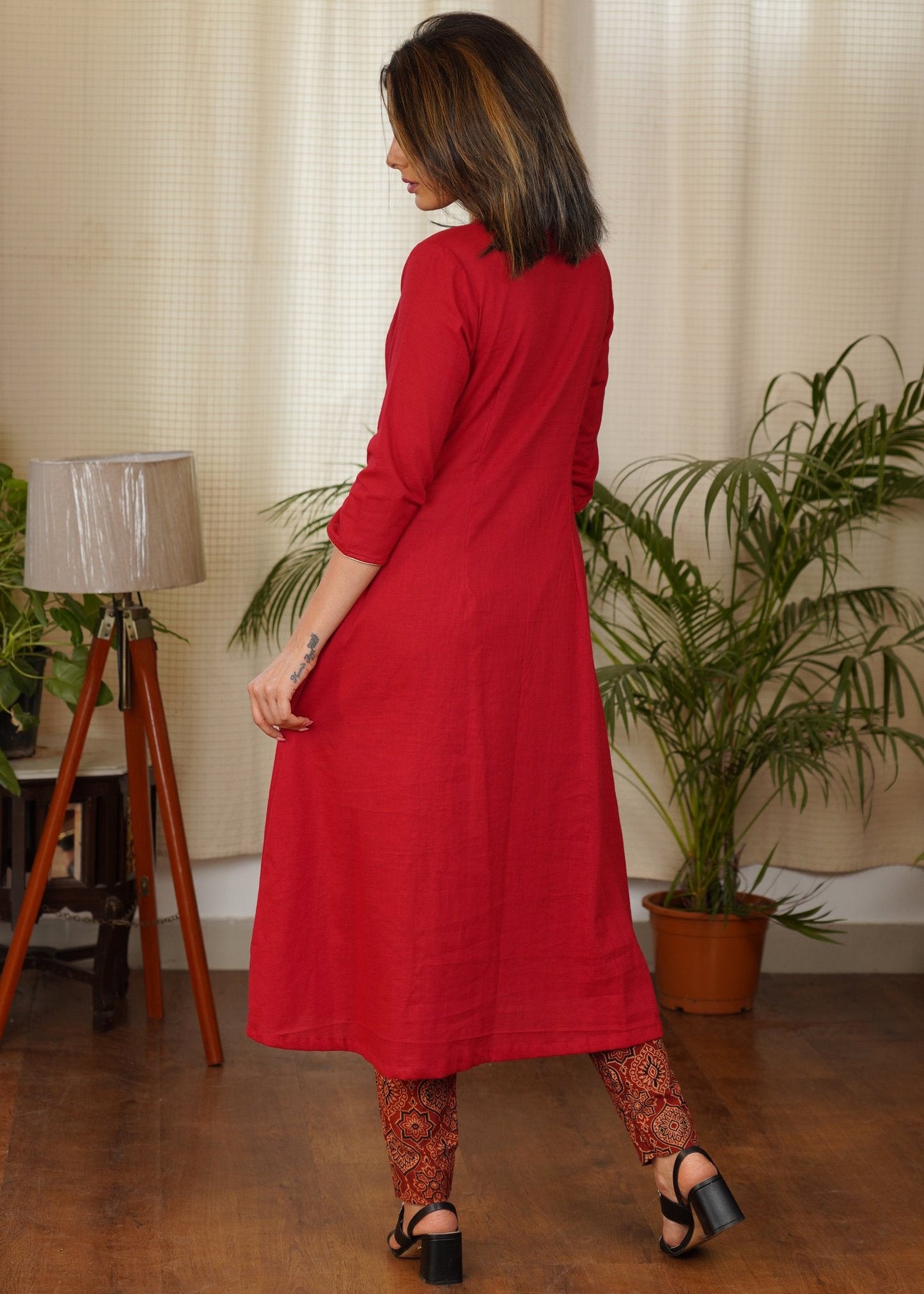 Elegant Red A - line Cotton Kurta With Dull Gold Hand Work in Stones and Beads