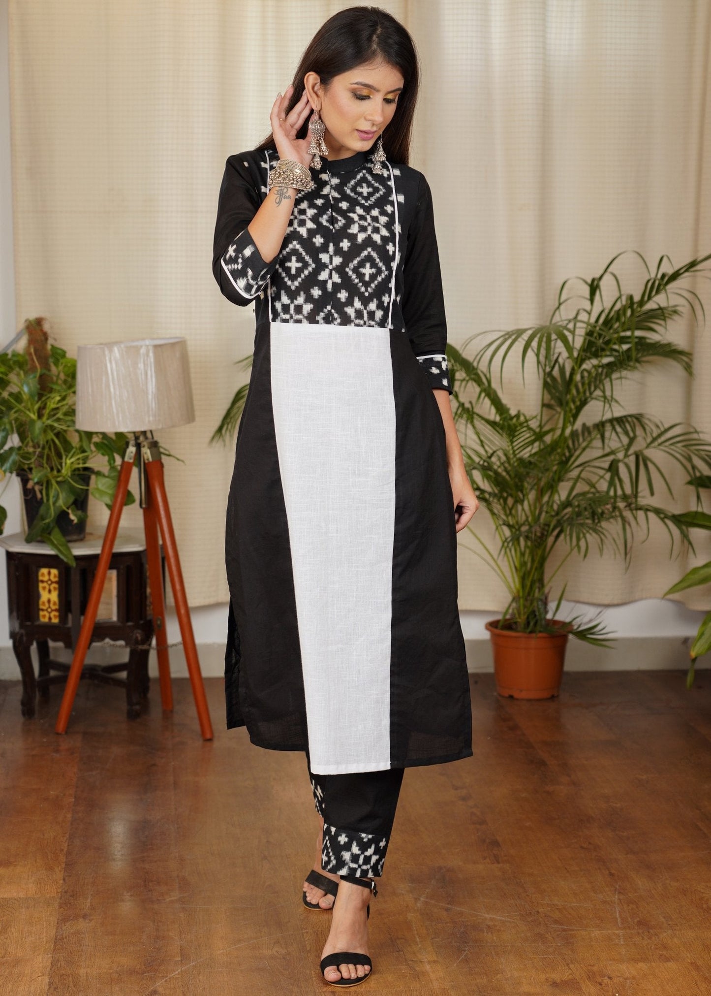 Designer Straight Cut Cotton Ikat Combination Kurta