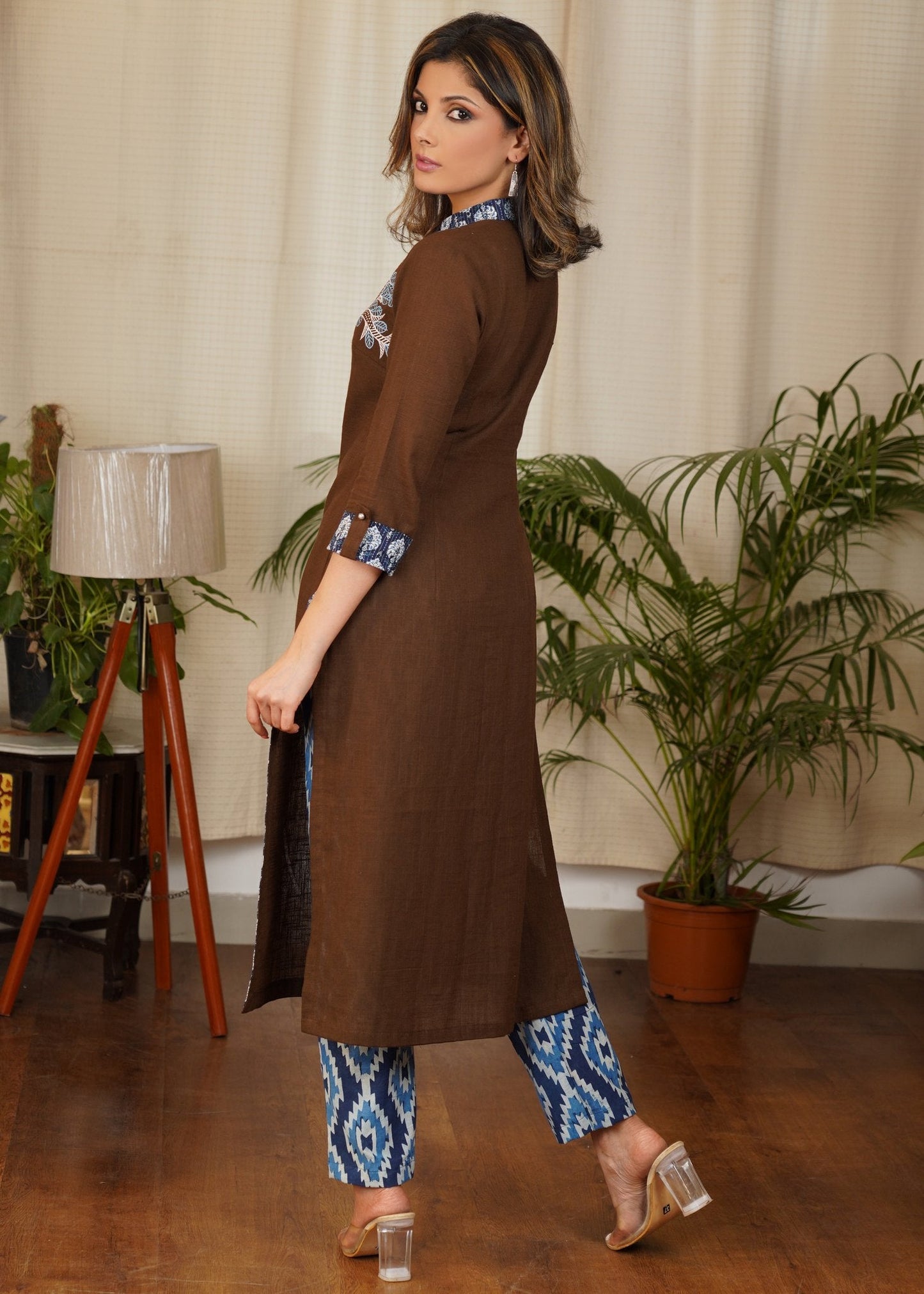 Unique Brown Design Straight cut Cotton Kurta with Beautiful Contrast Of Gond painting