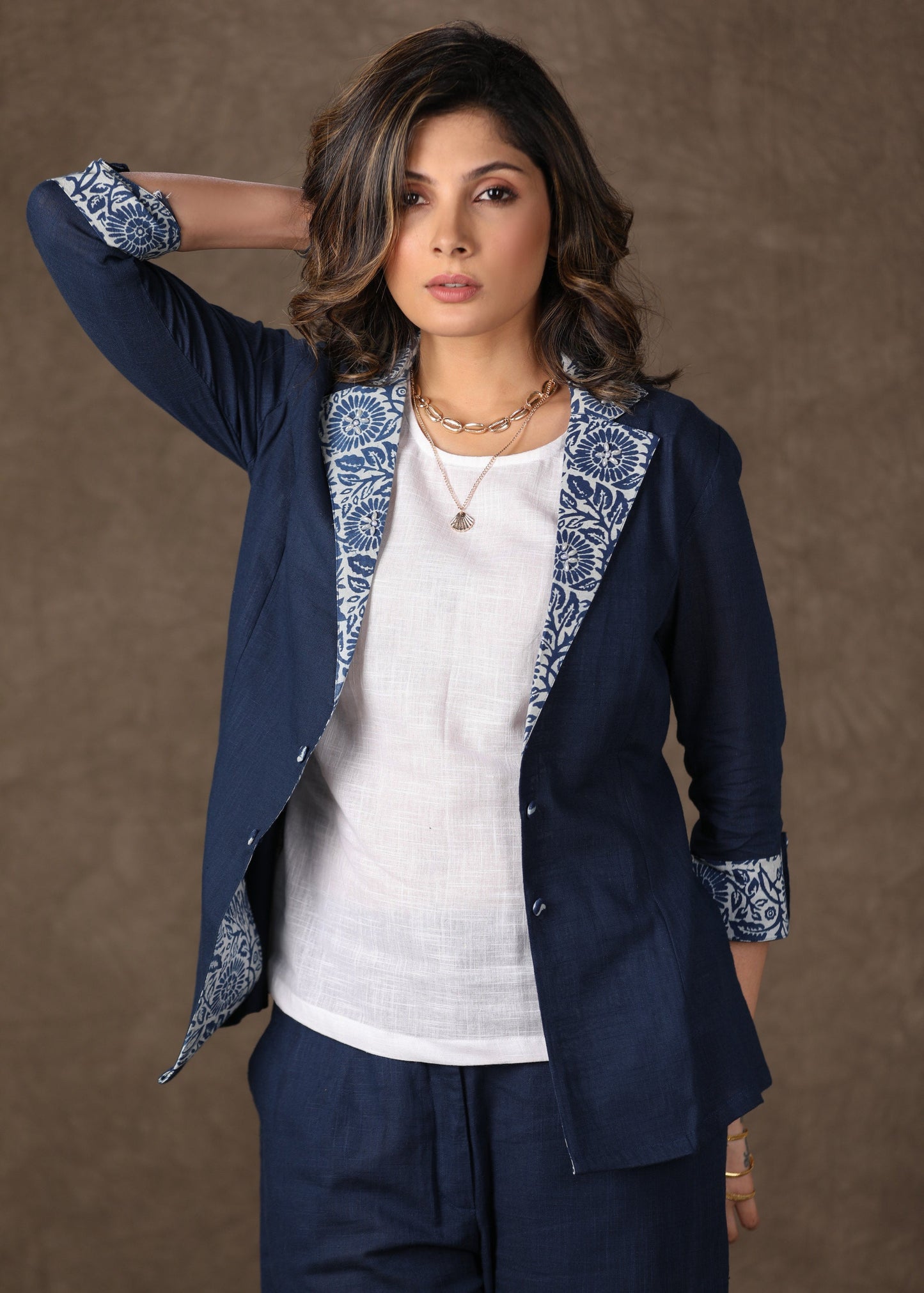 Trendy Cotton Indigo Blazer Jacket