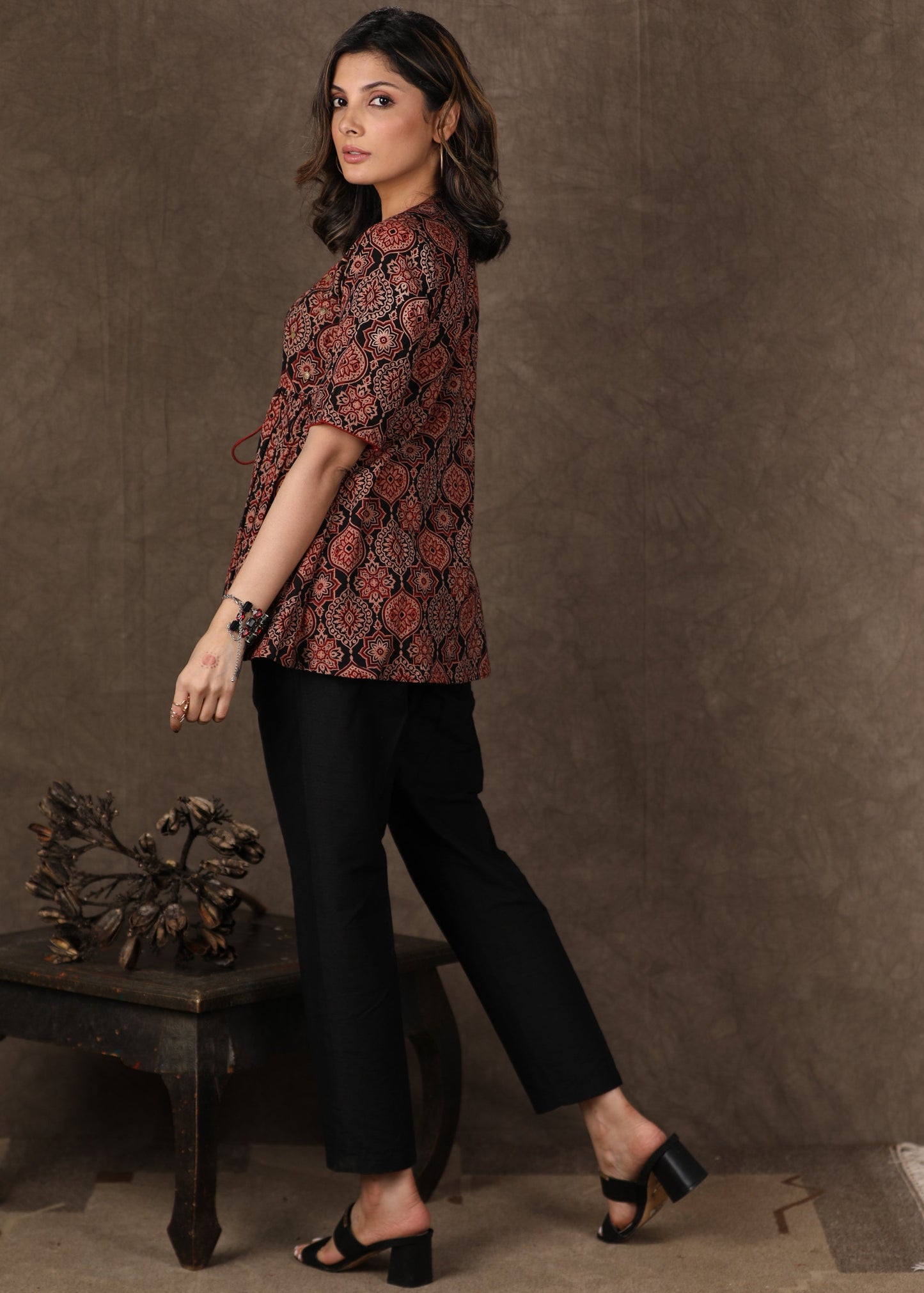 Black Ajrakh Shrug, Cotton Silk Inner with Antique Gold Handwork - 2 Piece (Shrug + Inner) Pants Additional