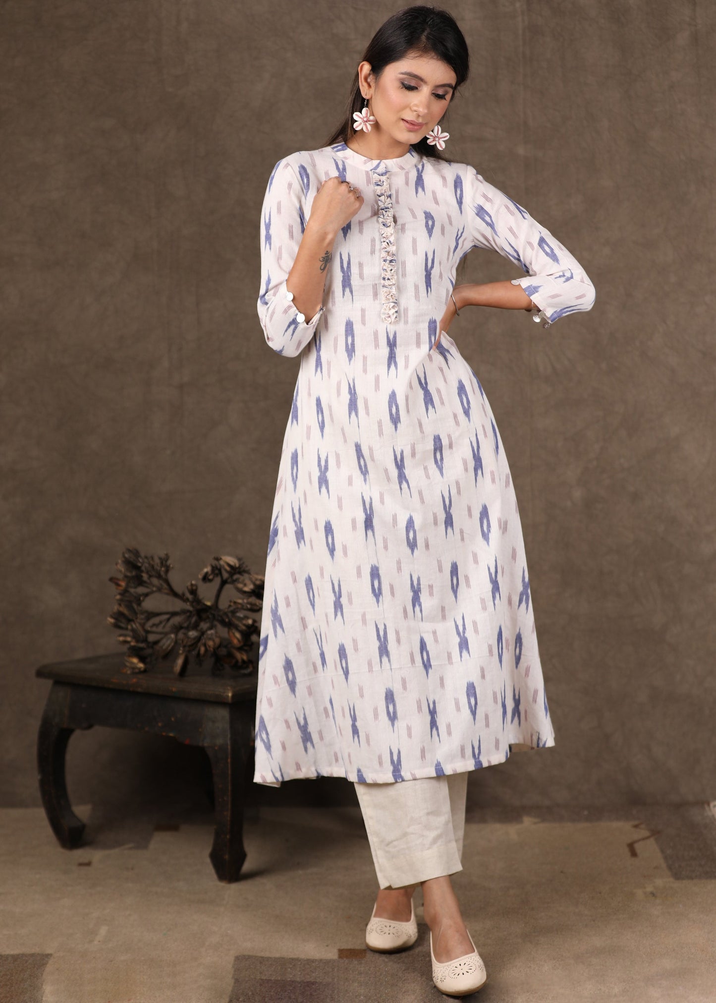 Classy Cotton Ikat A Line Kurta with Navy Blue Ikat Shrug - 2 Piece (Pant Additional)