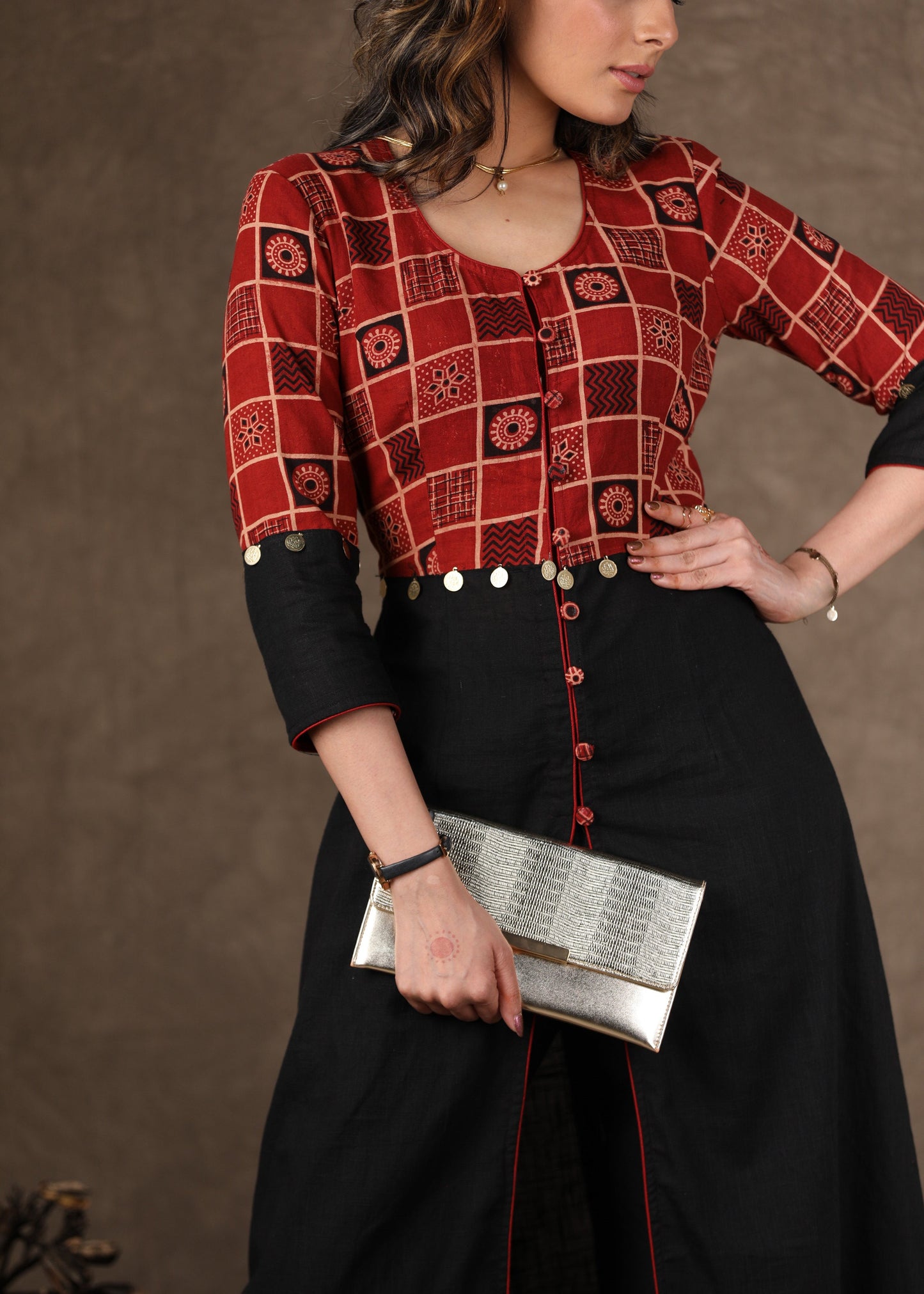 Exclusive Cotton Ajrakh Combination Kurta with Centre Slit and Gold Coin Work