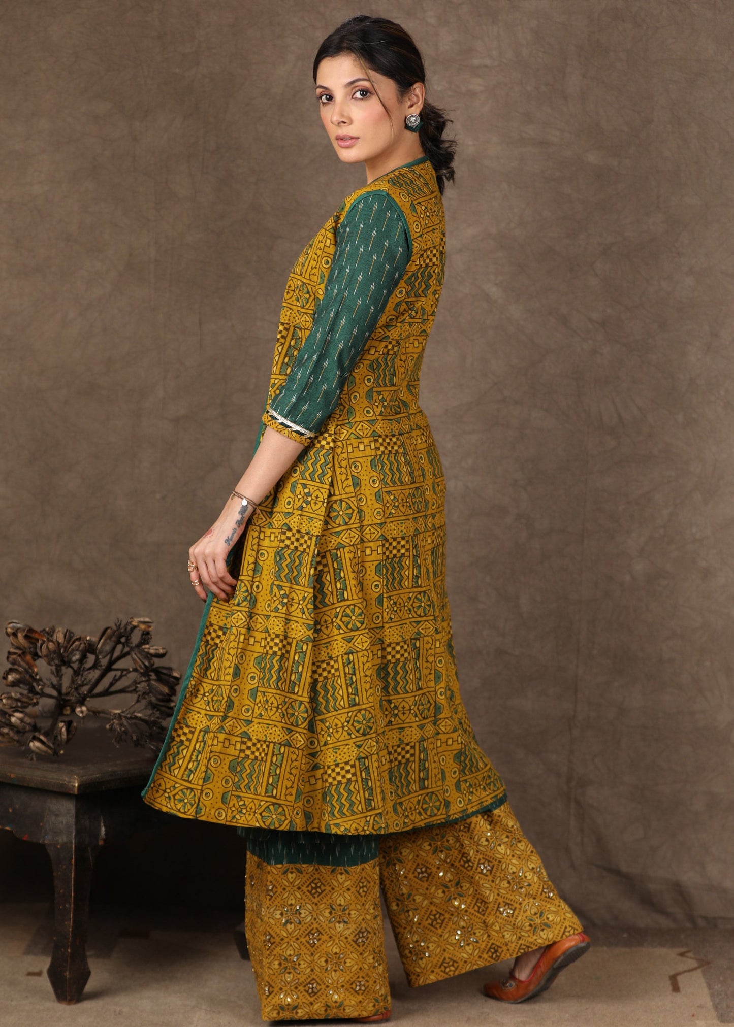 Green Ikat Kurta with Gota Patti Work, Matching Palazzo With Stone Work & Long Ajrakh Shrug- 3 Piece