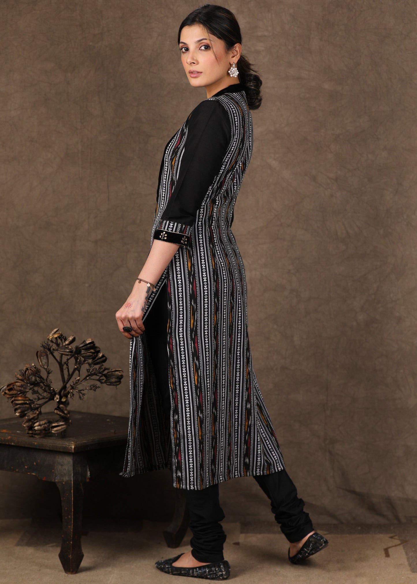 Black Ikat Kurta with Antique Gold Work, Velvet Yoke and Matching Churidar - 2 Piece (Kurta + Pant)