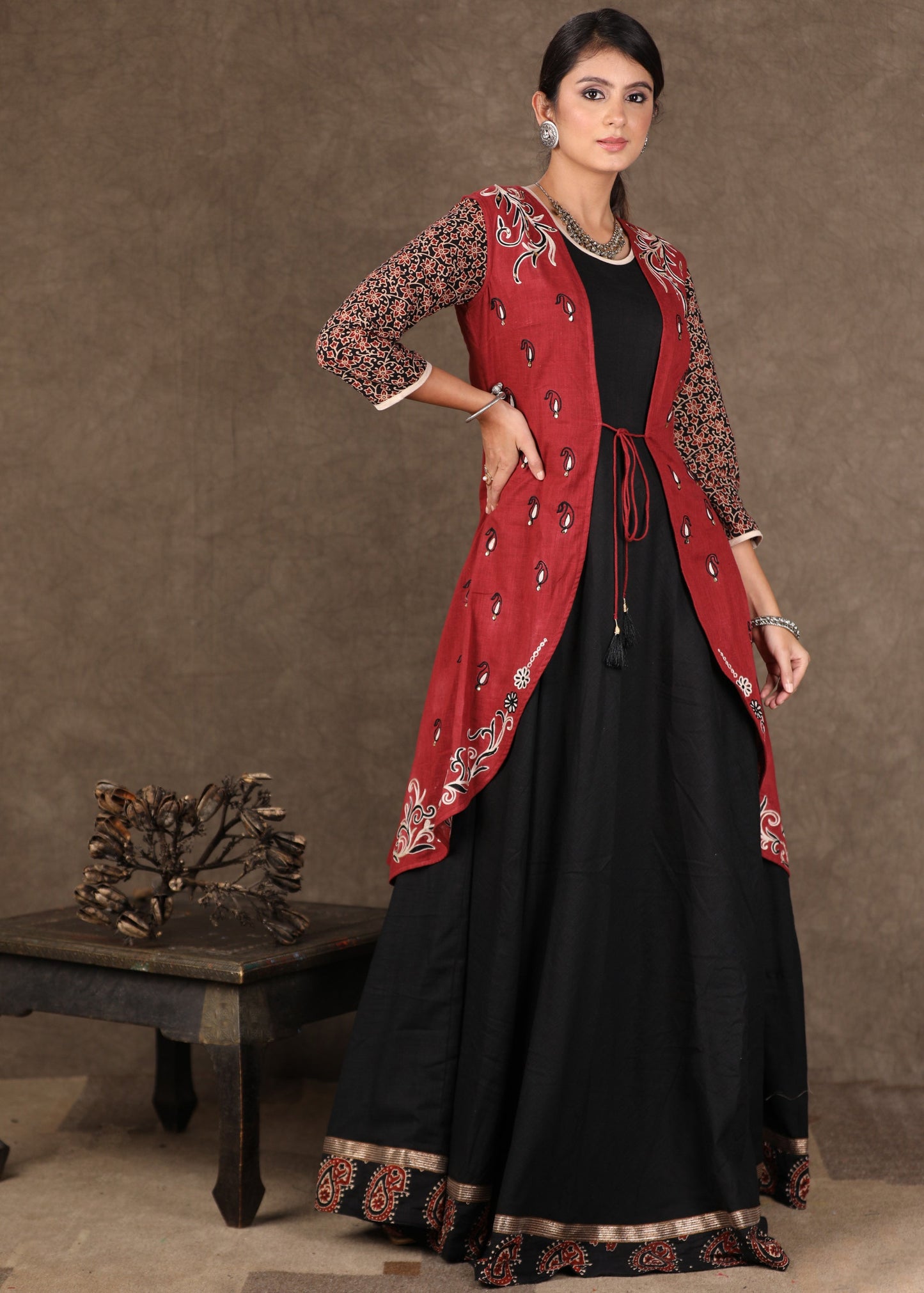 Black Flared Cotton Gown with Ajrakh Detailing & Embroidery on Jacket - 2 Piece (Gown + Jacket)