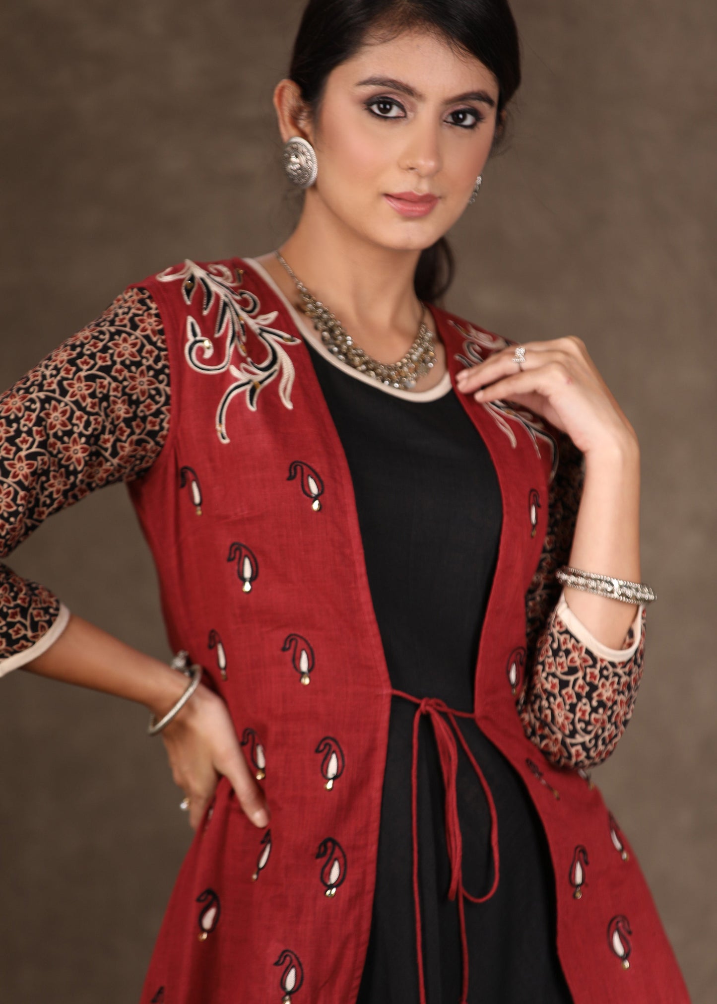 Black Flared Cotton Gown with Ajrakh Detailing & Embroidery on Jacket - 2 Piece (Gown + Jacket)