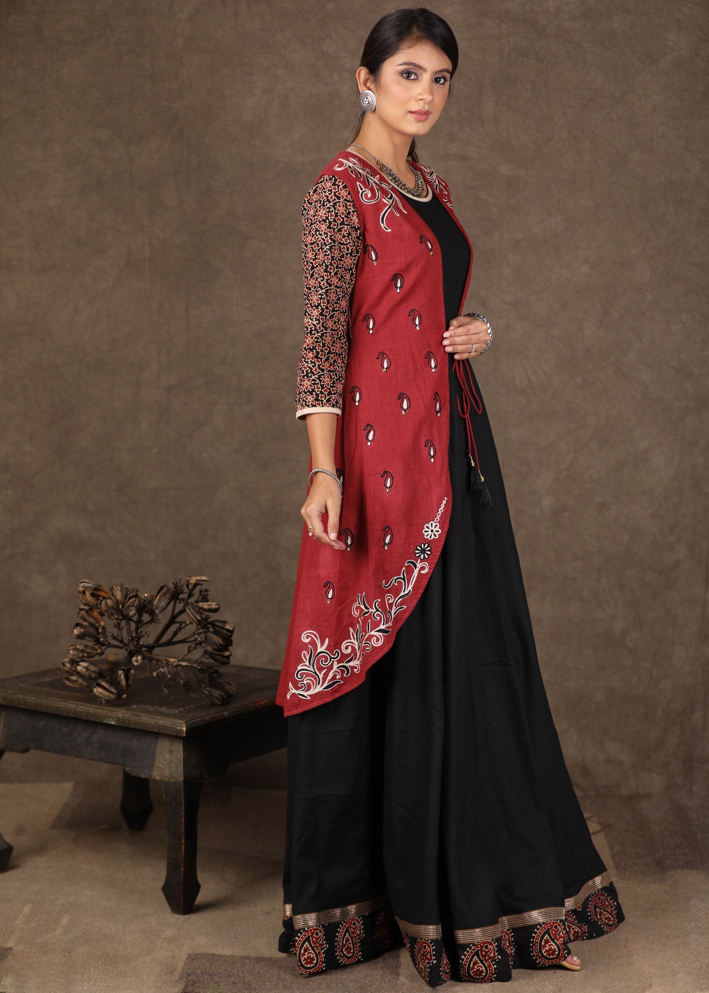 Black Flared Cotton Gown with Ajrakh Detailing & Embroidery on Jacket - 2 Piece (Gown + Jacket)