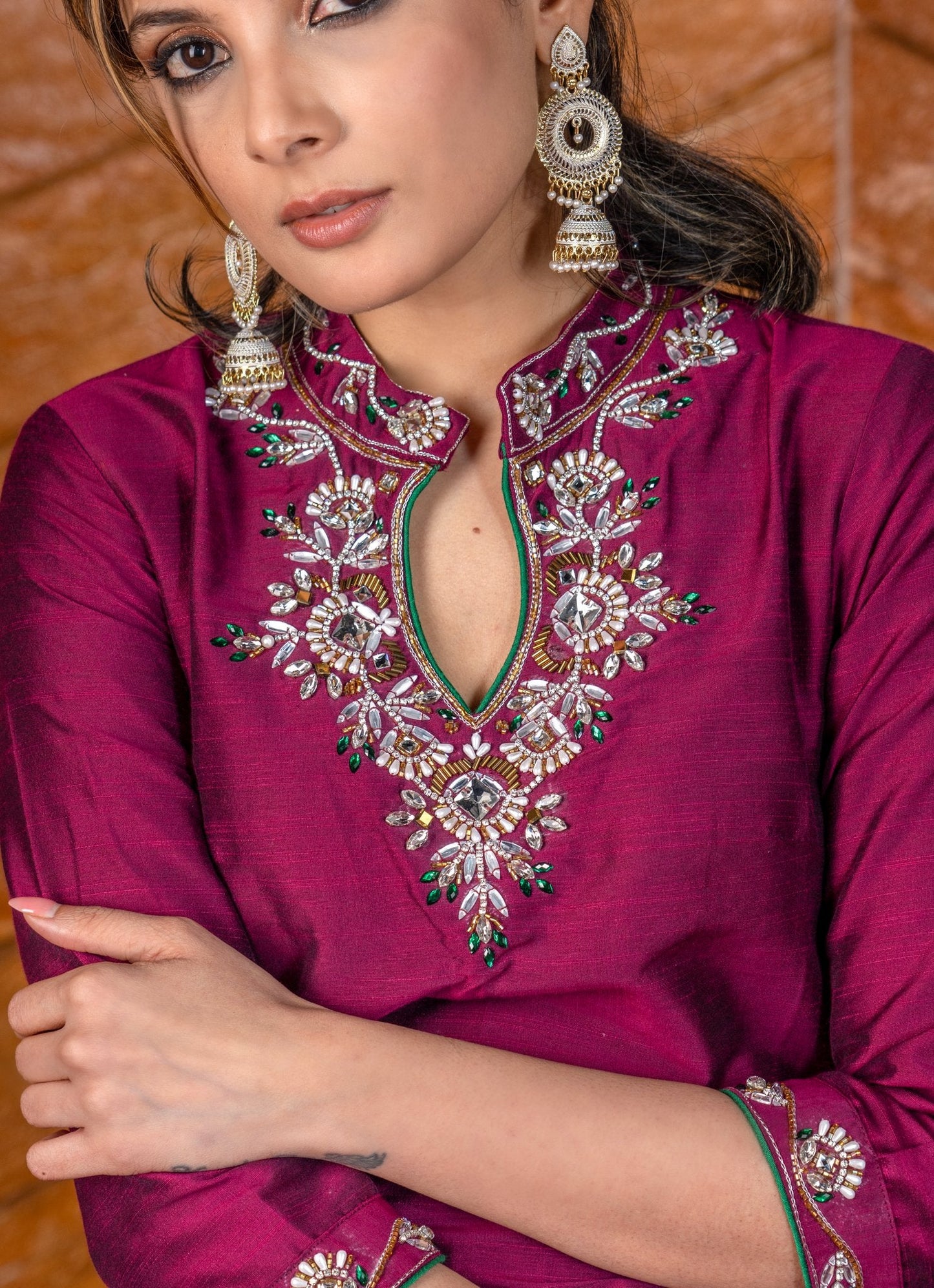 Magenta cotton silk kurta with stone work on yoke with matching pants - Dupatta optional.